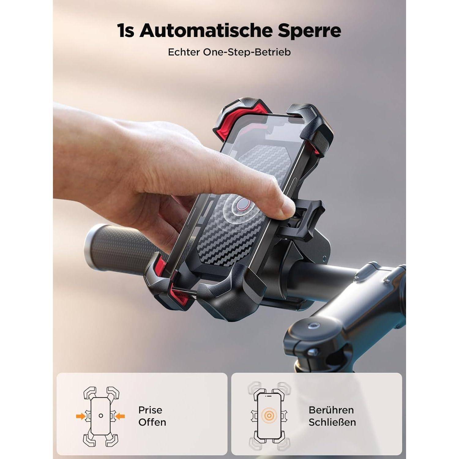 Eine Hand platziert ein Telefon in einer schwarzen Fahrradhalterung. Text liest sich: '1s Automatische Sperre' und 'Echter One-Step-Betrieb'. Darunter befinden sich Illustrationen, die zeigen, wie ein Telefon in die Halterung eingesetzt und gesichert wird.