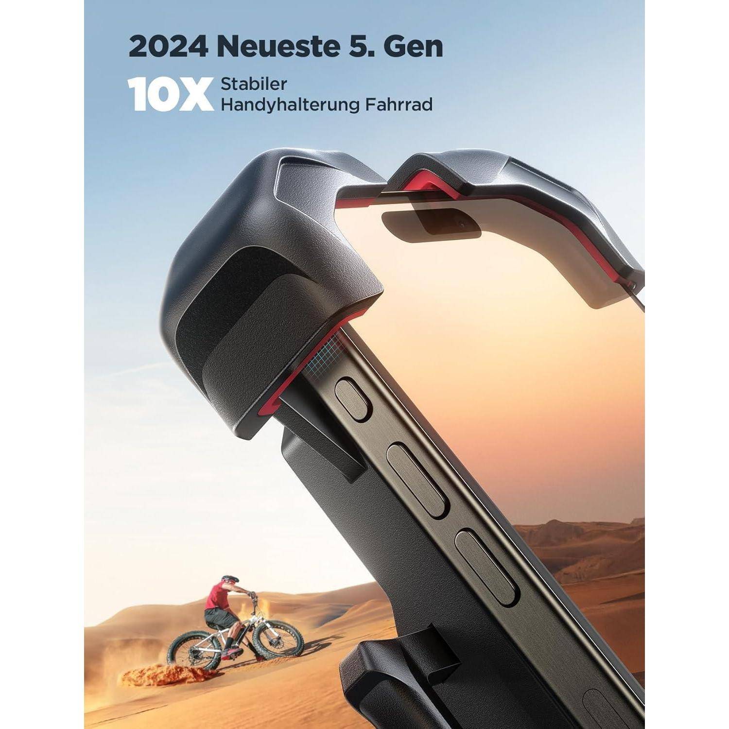 Eine Fahrrad-Handyhalterung-Anzeige zeigt einen Radfahrer auf einem Schotterpfad und hebt die '2024 Neueste 5. Gen' und '10X Stabilere Handyhalterung Fahrrad' hervor.