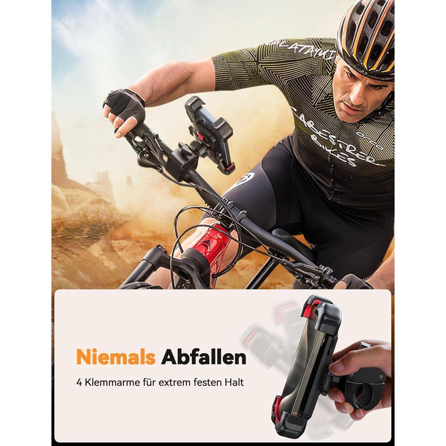 Ein Radfahrer lehnt sich intensiv nach vorne, während er fährt, und wird von einem Handyhalter gestützt, auf dem der Text 