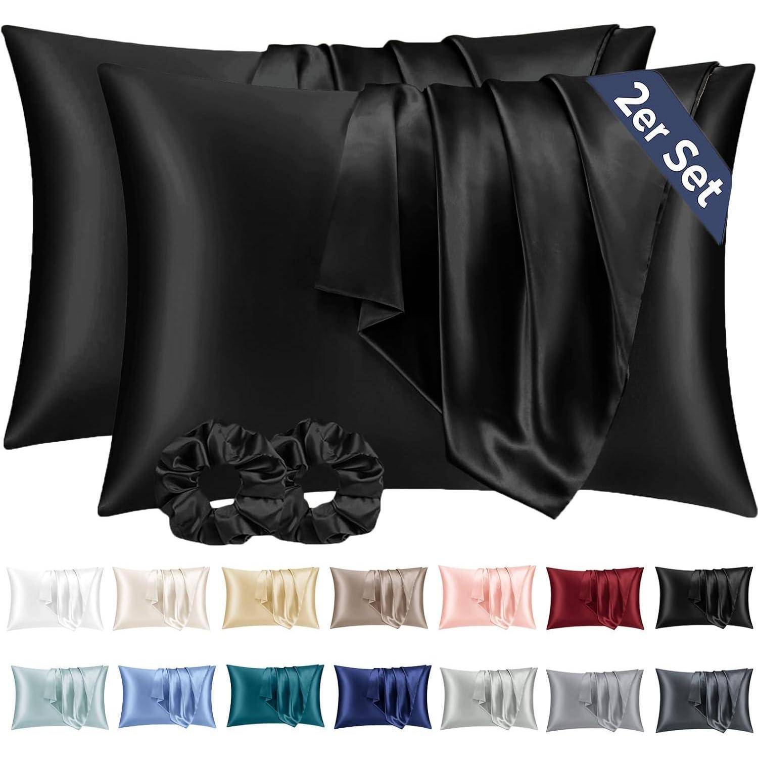 2-teiliges Luxus-Satin-Kissenbezug-Set in Schwarz, mit passenden Haargummis. In verschiedenen Farben erhältlich, wie unten dargestellt.