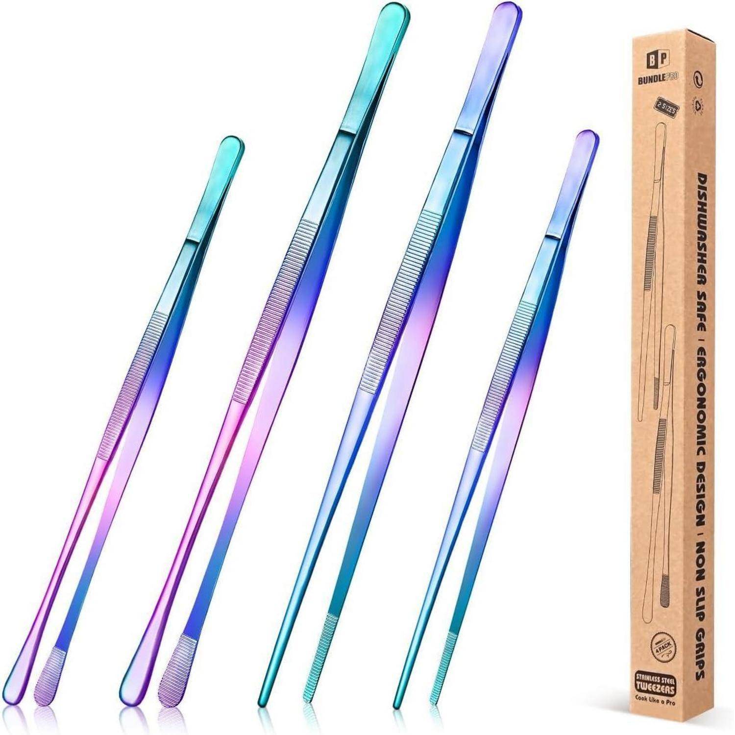 4er Set Profi Edelstahl Pinzette 12'' und 10'' für BBQ und Kochen