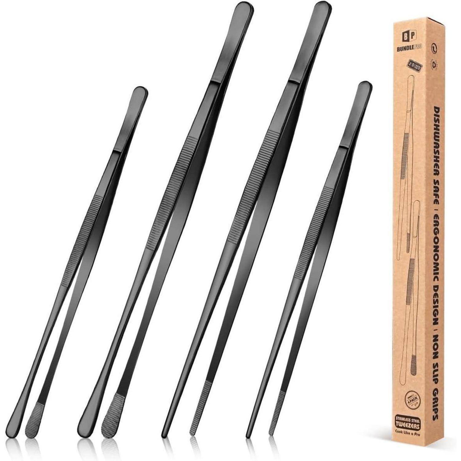 4er Set lange schwarze Edelstahl Pinzetten 12'' und 10'' - Profi