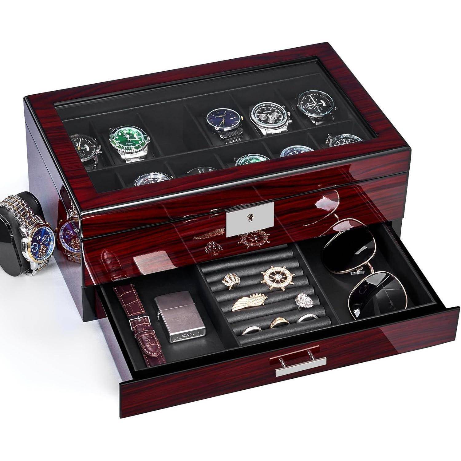 Uhrenbox Herren Watch Box Uhrengehäuse 12 Slots Glasdeckel