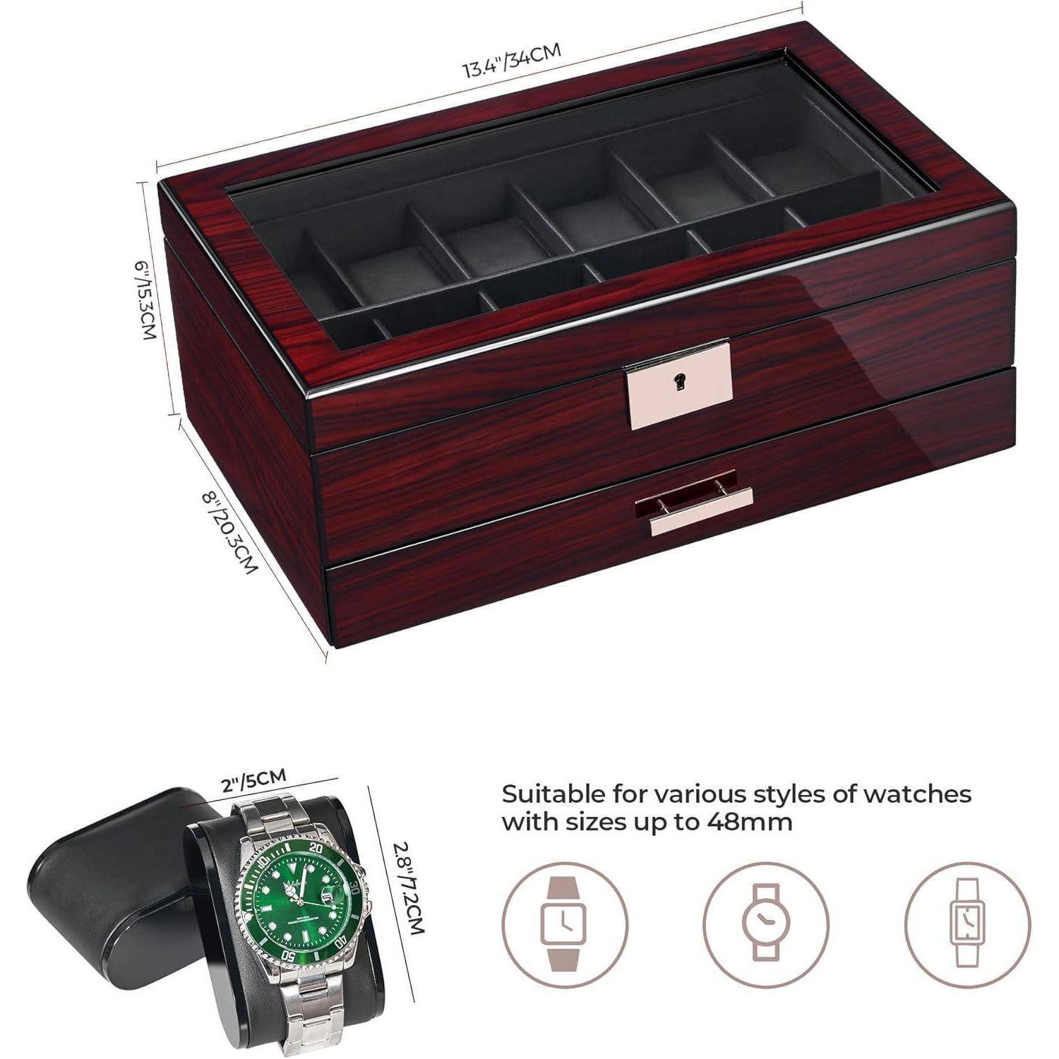 Uhrenbox Herren Watch Box Uhrengehäuse 12 Slots Glasdeckel