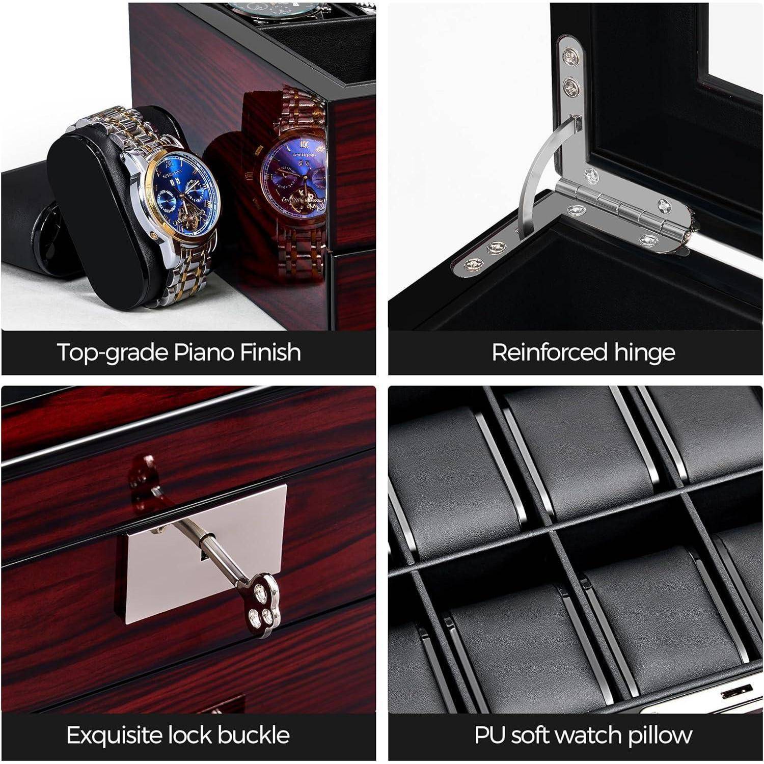Vier Bilder einer Uhrenbox: Ein Klavier-Finish Außenbereich, verstärkte Scharniere, exquisite Verschlussspange und ein PU-weicher Uhrenkissen-Innenraum.