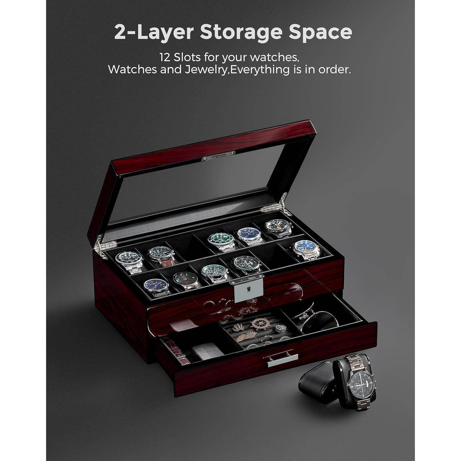 Uhrenbox Herren Watch Box Uhrengehäuse 12 Slots Glasdeckel