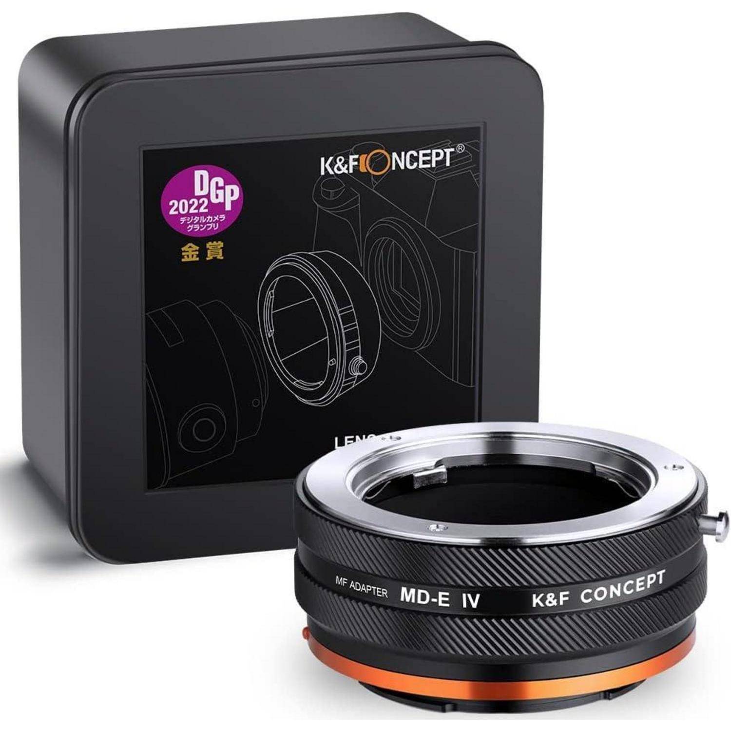Ein K&F Concept Objektivadapter von MD auf E-Bajonett, mit Verpackung, die die Auszeichnung 