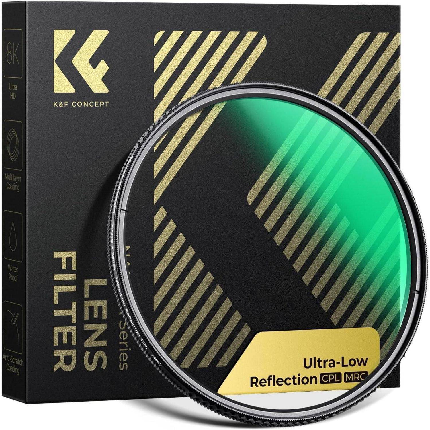Ein Ultra-Niedrig-Reflexions-CPL-Objektiv-Filter mit MRC-Beschichtung wird vor seiner Verpackung präsentiert, die Merkmale wie 8K, wasserdicht und mehrfache Beschichtung hervorhebt.