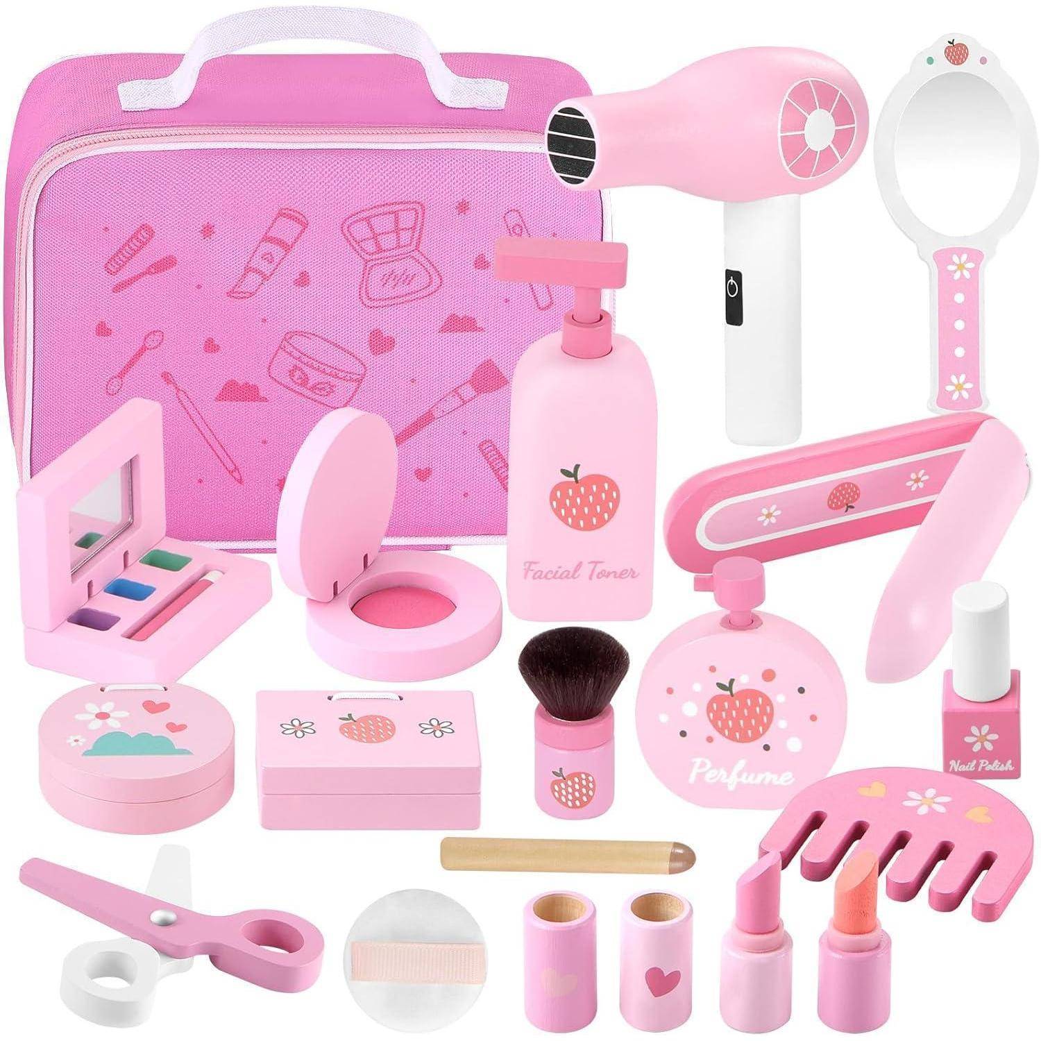 Holz Kinderschminke Set Mädchen Schminkkoffer 16-tlg. Beauty Friseur