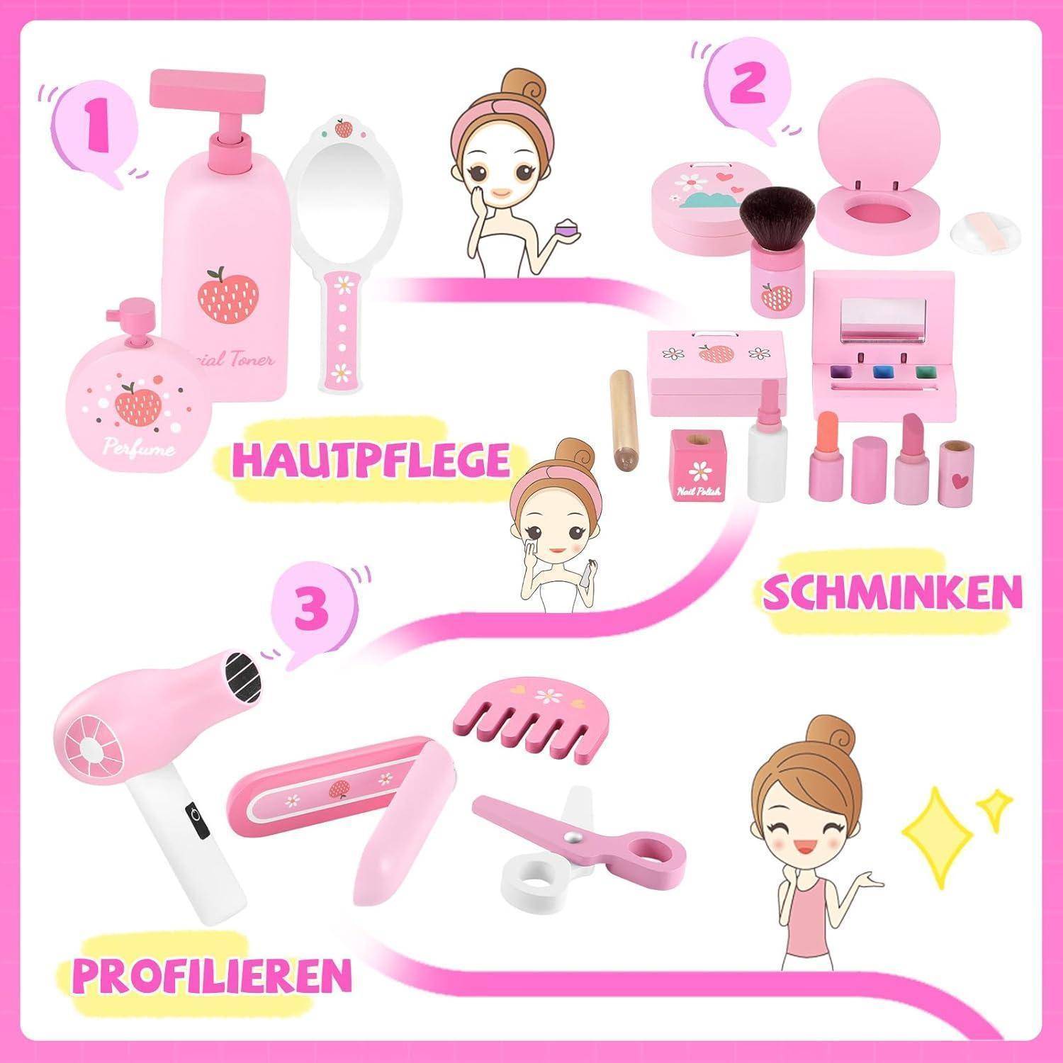 Holz Kinderschminke Set Mädchen Schminkkoffer 16-tlg. Beauty Friseur