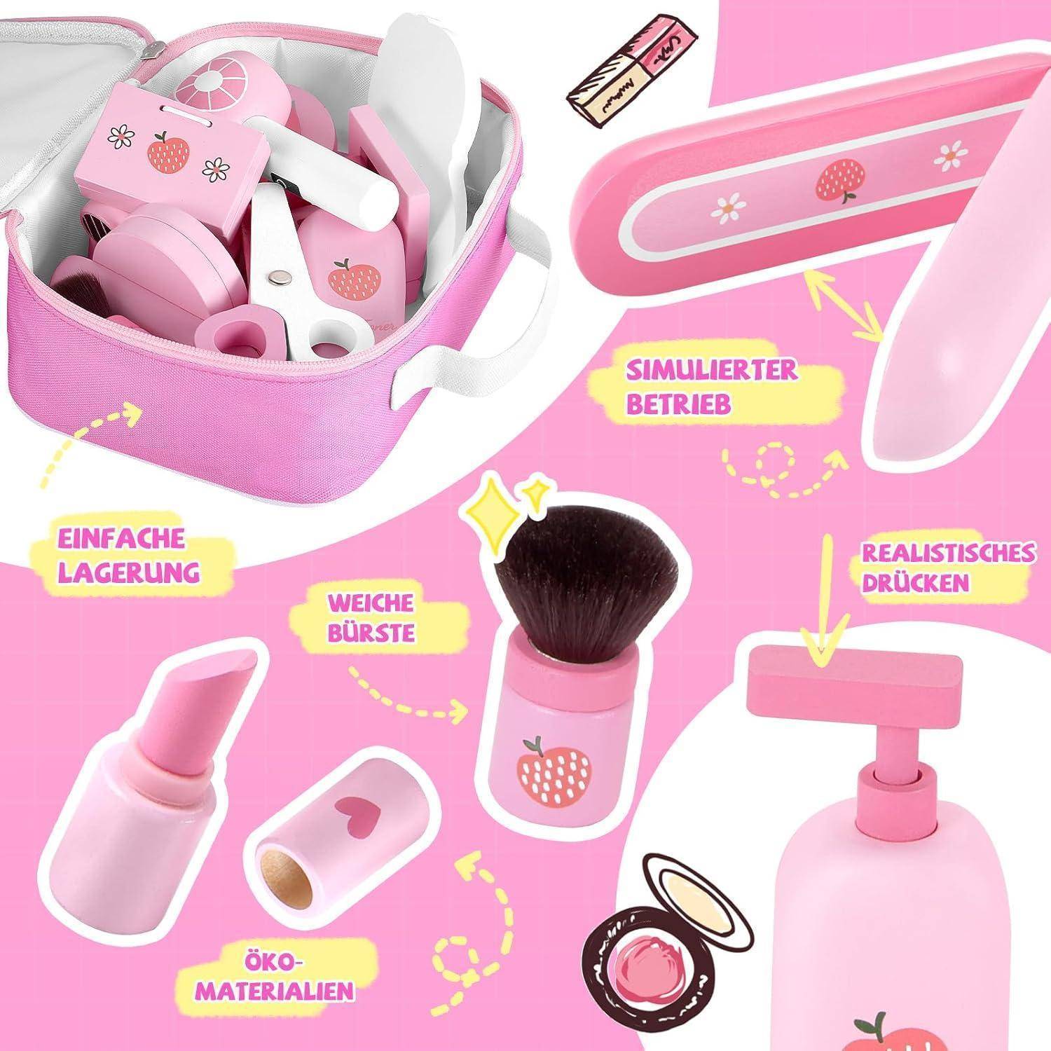Holz Kinderschminke Set Mädchen Schminkkoffer 16-tlg. Beauty Friseur