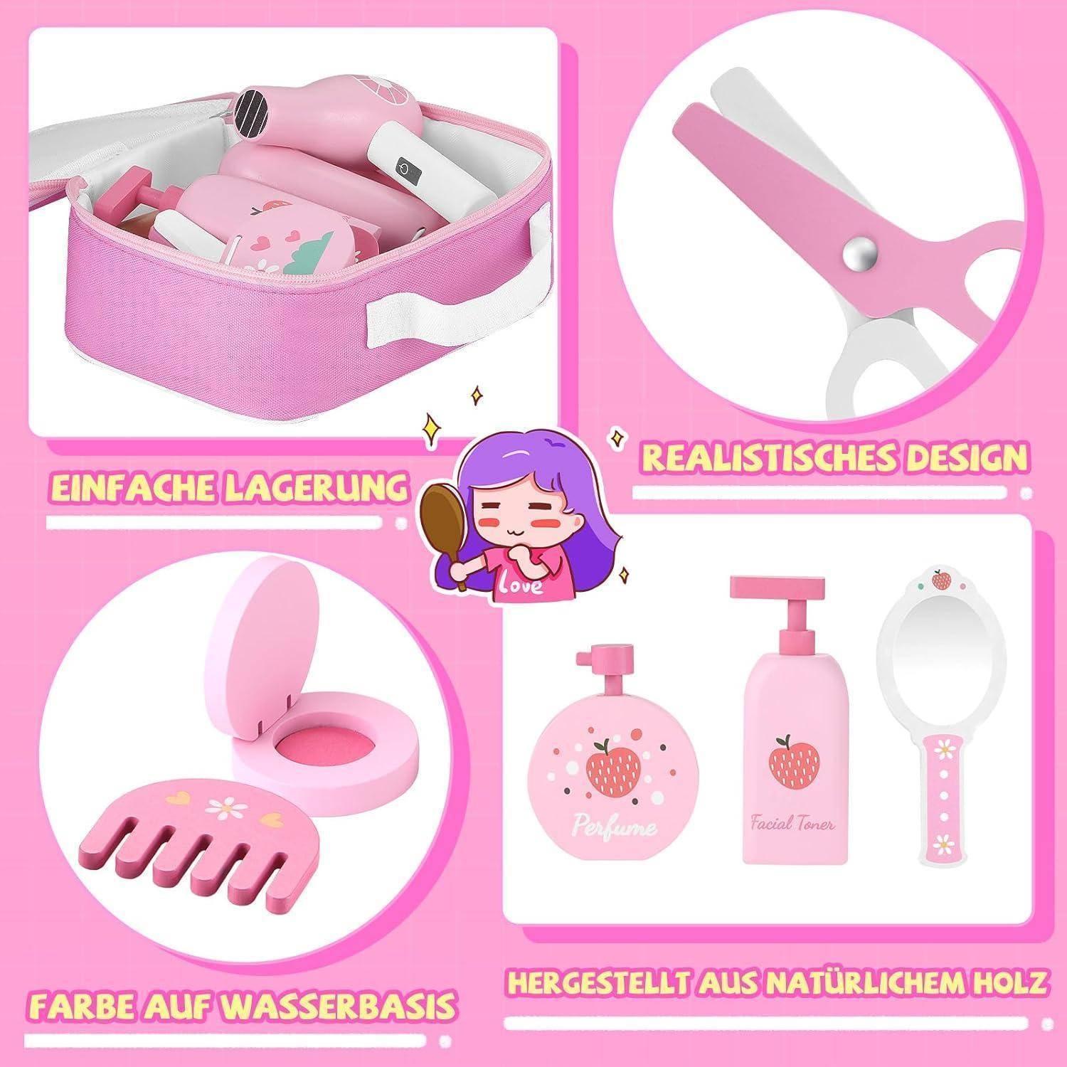 Holz Kinderschminke Set Mädchen Schminkkoffer 16-tlg. Beauty Friseur