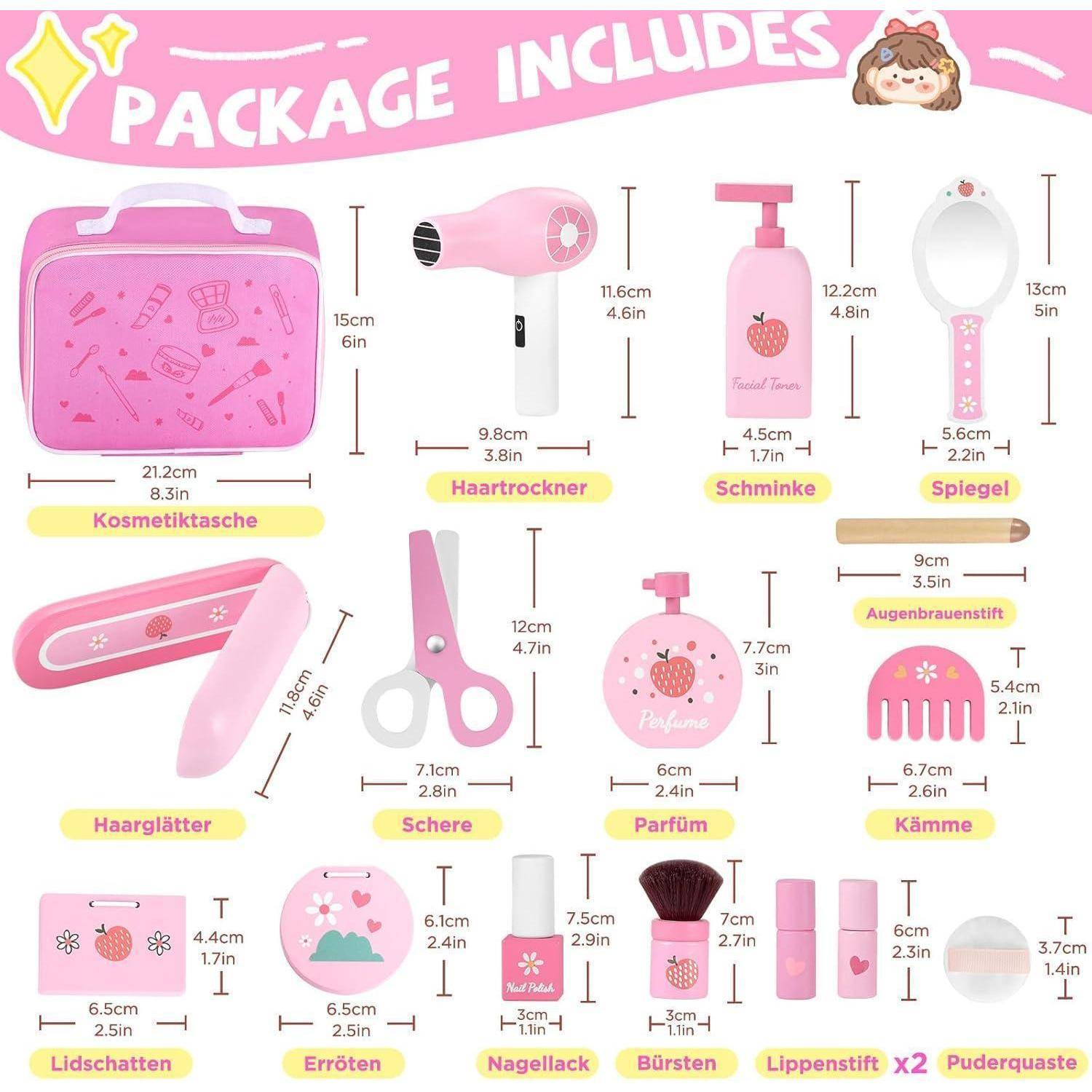 Holz Kinderschminke Set Mädchen Schminkkoffer 16-tlg. Beauty Friseur