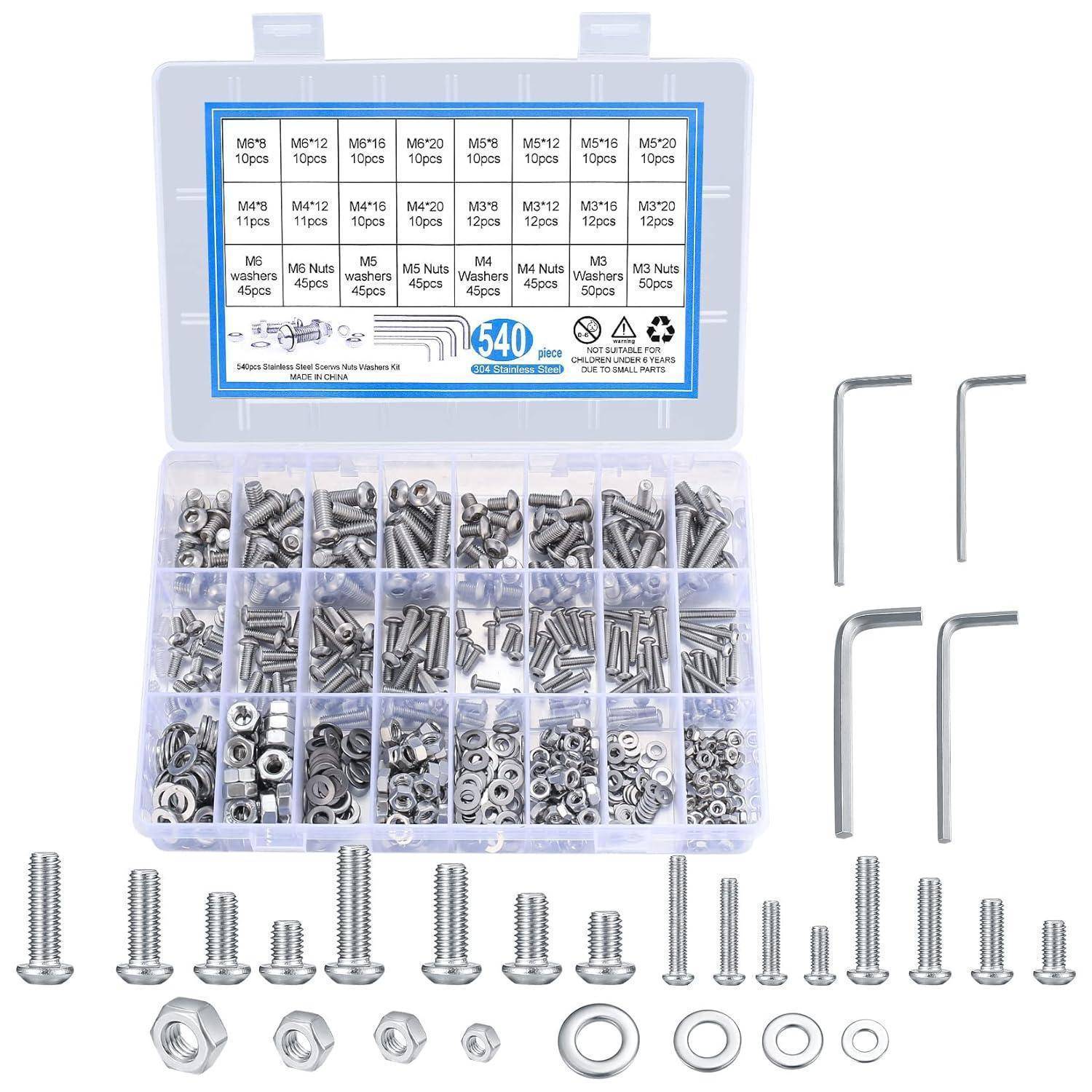 540-teiliges Edelstahl Schrauben und Muttern Set, M3 M4 M5