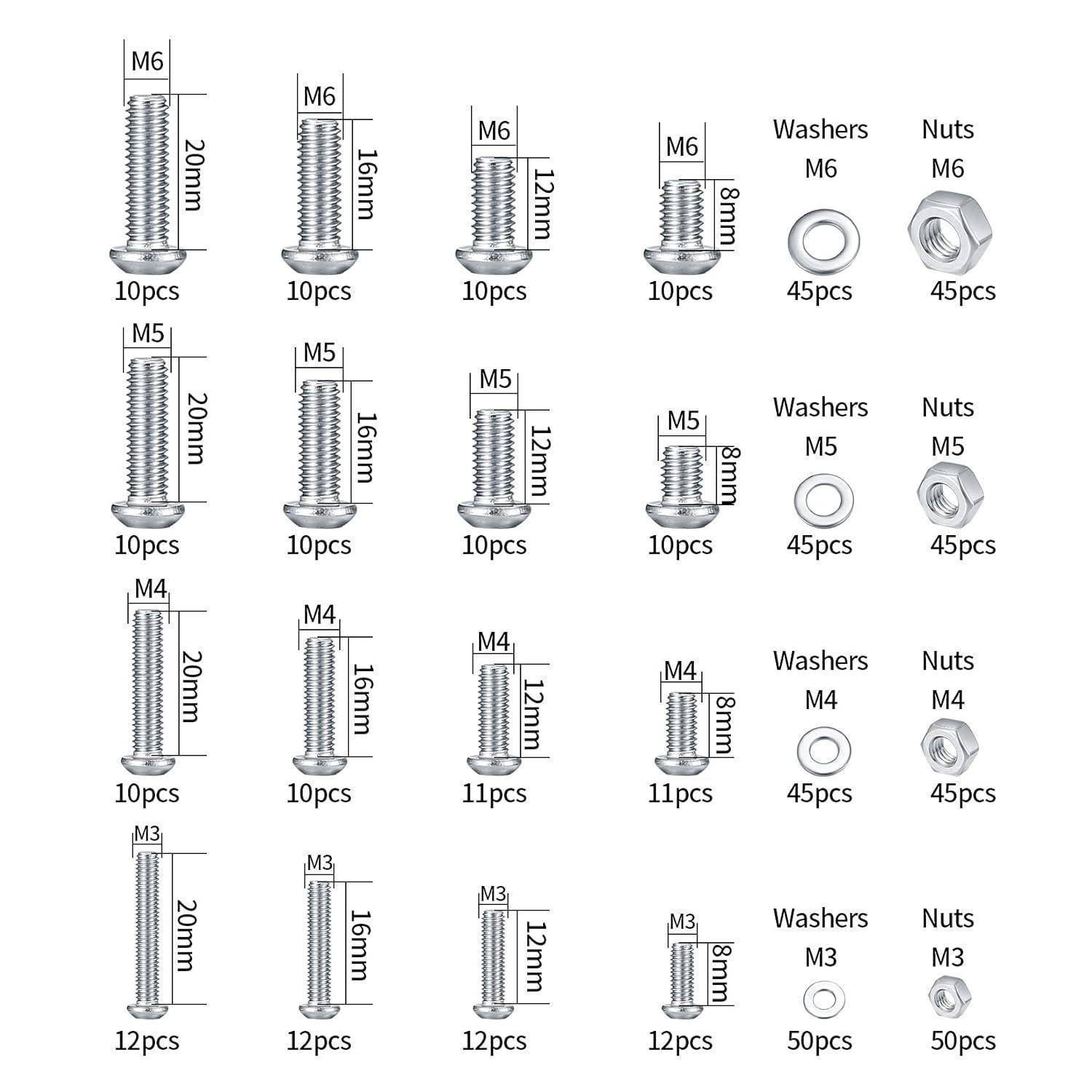 540-teiliges Edelstahl Schrauben und Muttern Set, M3 M4 M5