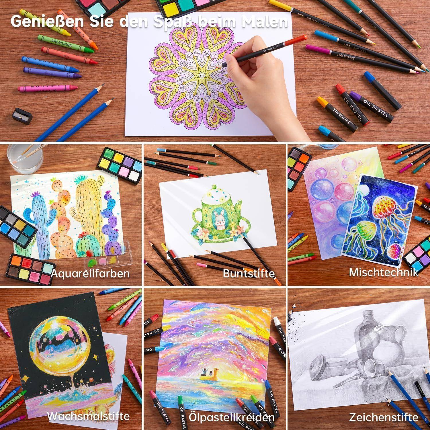 Eine Collage zeigt verschiedene Künstlermaterialien und -stile, darunter Aquarellfarben, Buntstifte, Mixed Media, Wachsmalkreiden, Ölpastellkreiden und Bleistifte, mit dem Schriftzug 'Genießen Sie den Spaß beim Malen' am oberen Rand.
