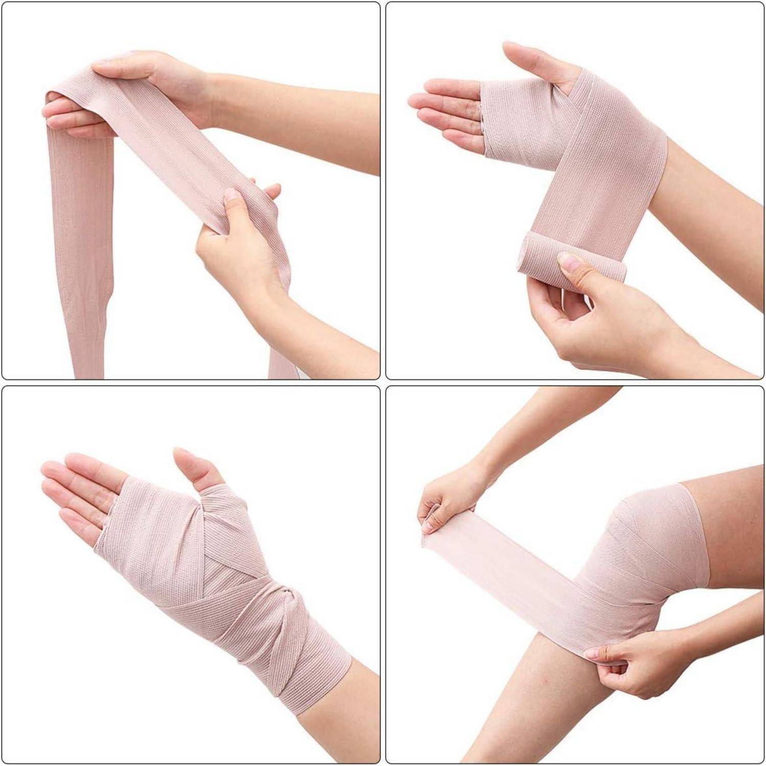 Vierschrittanleitung zum Verbinden von Hand und Handgelenk mit einem beigen Verband: Beginnen Sie an den Fingern, wickeln Sie um den Daumen, bedecken Sie die Handfläche und sichern Sie dann am Handgelenk.