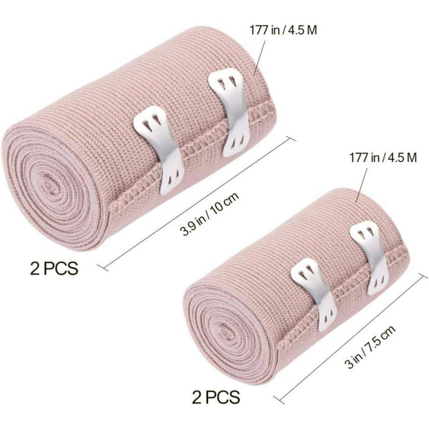 Zwei beige elastische Verbandsrollen mit Metallklammern; eine Rolle ist 177 in lang, 3,9 in breit, die andere ist 177 in lang, 3 in breit; 2 Stück von jeder.