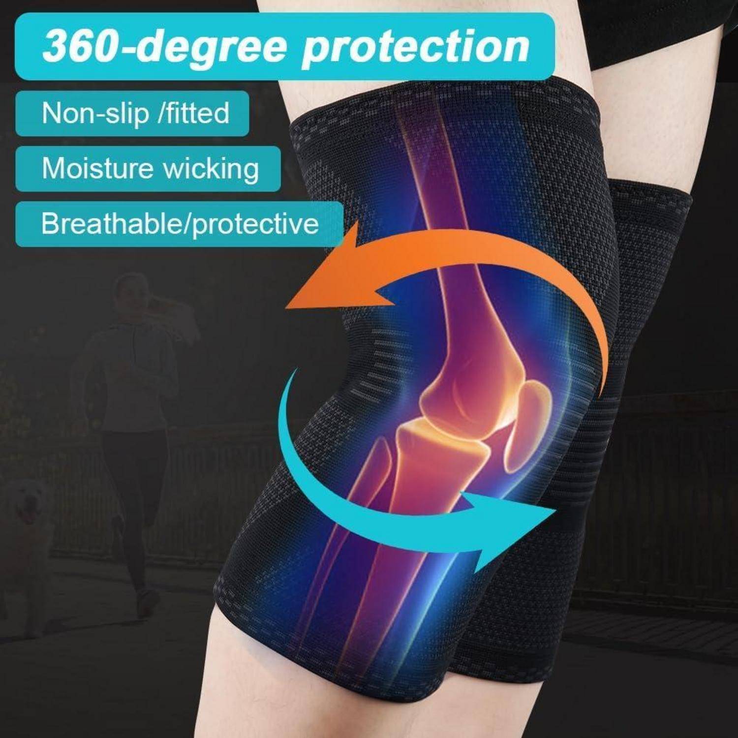 Eine Knie-Kompressionsbandage mit 360-Grad-Schutz, mit hervorgehobenen rutschfesten, feuchtigkeitsableitenden und atmungsaktiven Eigenschaften.