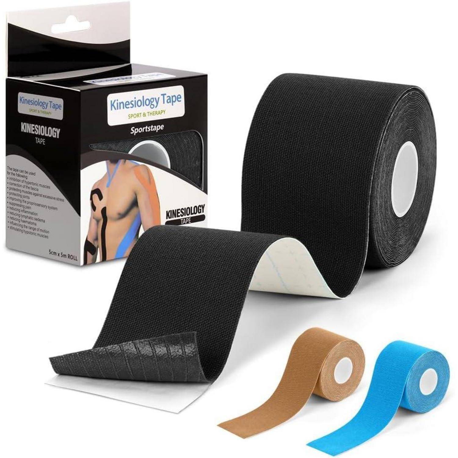 Kinesiologie-Tape in Schwarz, Beige und Blau, mit Verpackung, die die Anwendung an einer Schulter zeigt, und dem Text ‚Sporttherapie' und ‚Kinesiologie-Tape'.