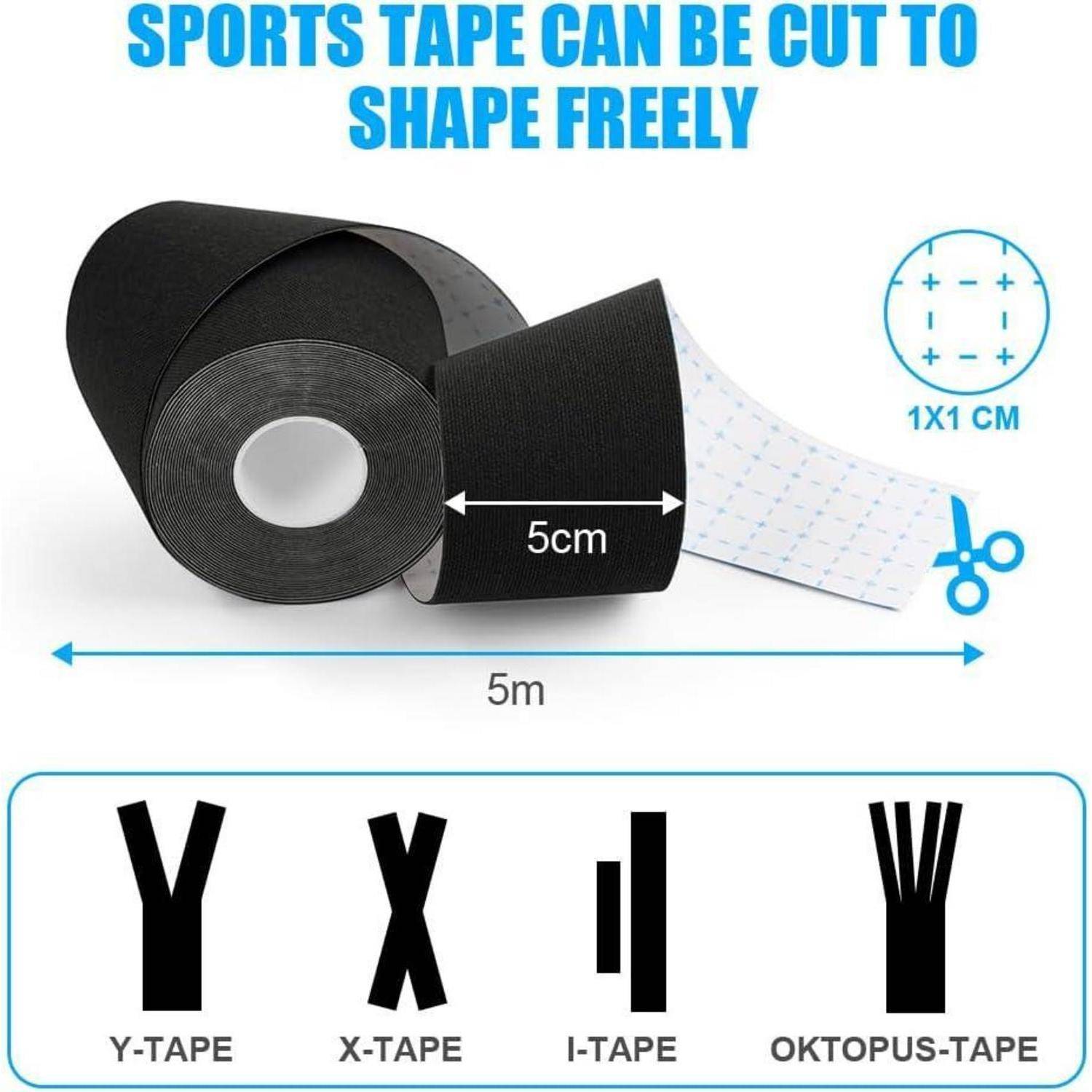 Sporttape kann frei in Form geschnitten werden. Rolle misst 5m mit Markierungen alle 1x1 cm. Stile umfassen Y-Tape, X-Tape, I-Tape, Oktopus-Tape.