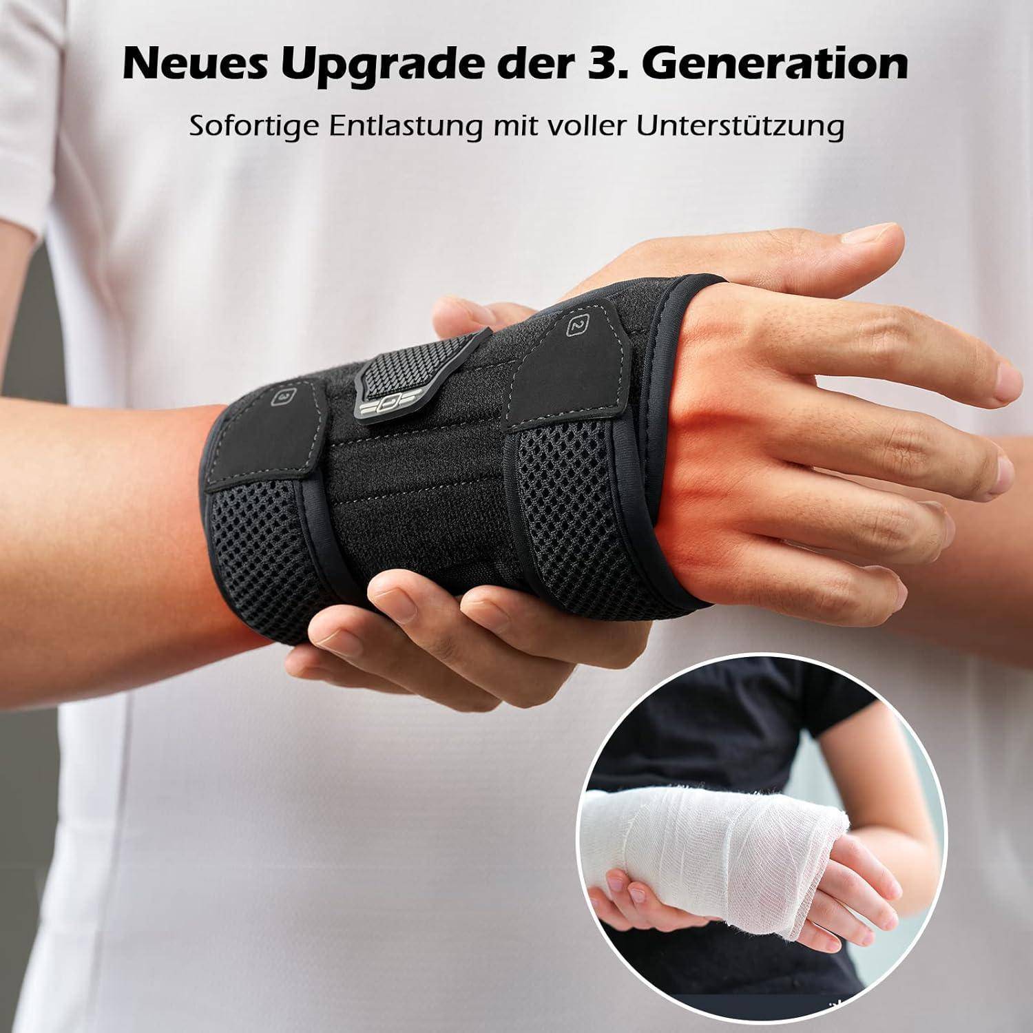 Eine Person trägt eine unterstützende schwarze Handgelenkbandage. Sie zeigt einen Nahaufnahme-Vergleich mit einer vorherigen Version, die einen weißen Verband verwendet. Der deutsche Text deutet auf ein Upgrade für Entlastung und Unterstützung hin.