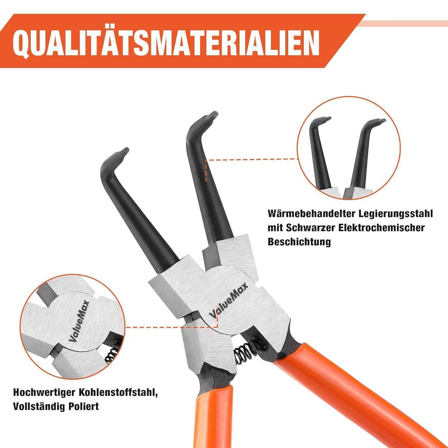 Zange mit orangefarbenen Griffen und schwarzen Spitzen. Etiketten heben die Marke 'ValueMax', wärmebehandelten Legierungsstahl und hochwertigen polierten Kohlenstoffstahl hervor.
