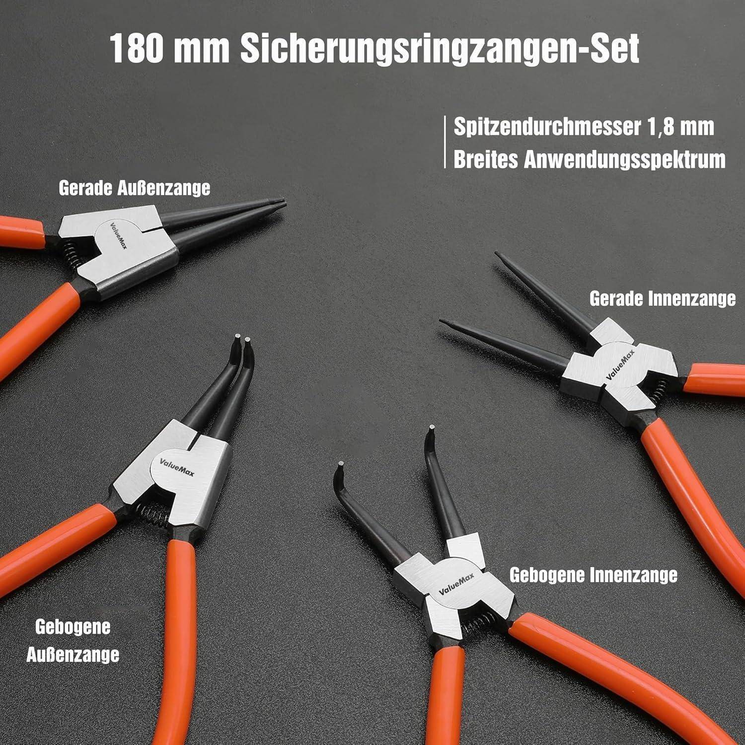 180 mm Sicherungsringzangen-Set' umfasst gerade Außenringzangen, gerade Innenringzangen, gewinkelte Außenringzangen und gewinkelte Innenringzangen.
