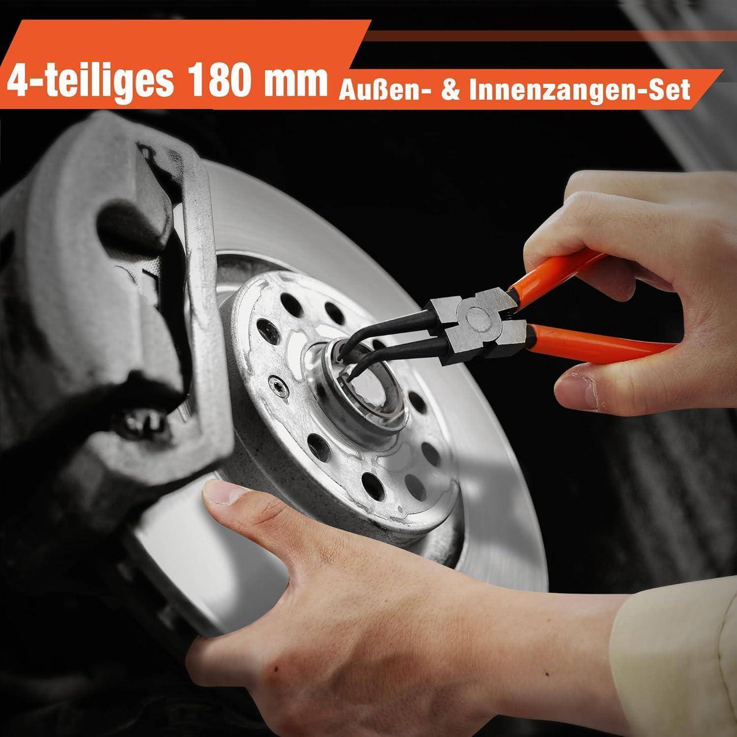 Ein Paar Hände, die mit einer Zange an einer Bremsscheibe arbeiten; mit der Beschriftung '4-teiliges 180 mm Außen- & Innenzangen-Set'.