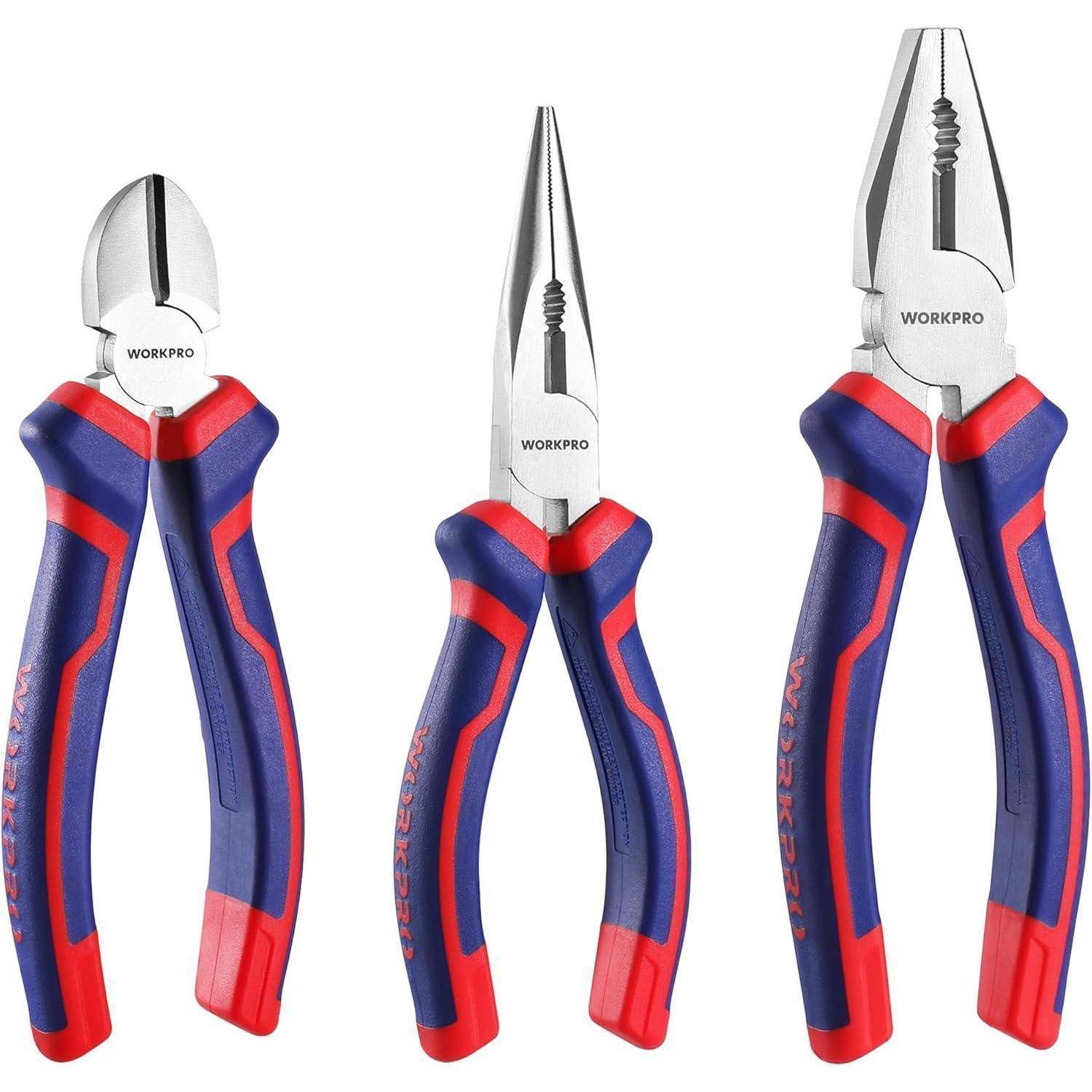 Drei blaue und rote Zangen: Seitenschneider, Spitzzange und Kombizange, jeweils mit der Markenaufschrift 'WORKPRO' am Kopf.