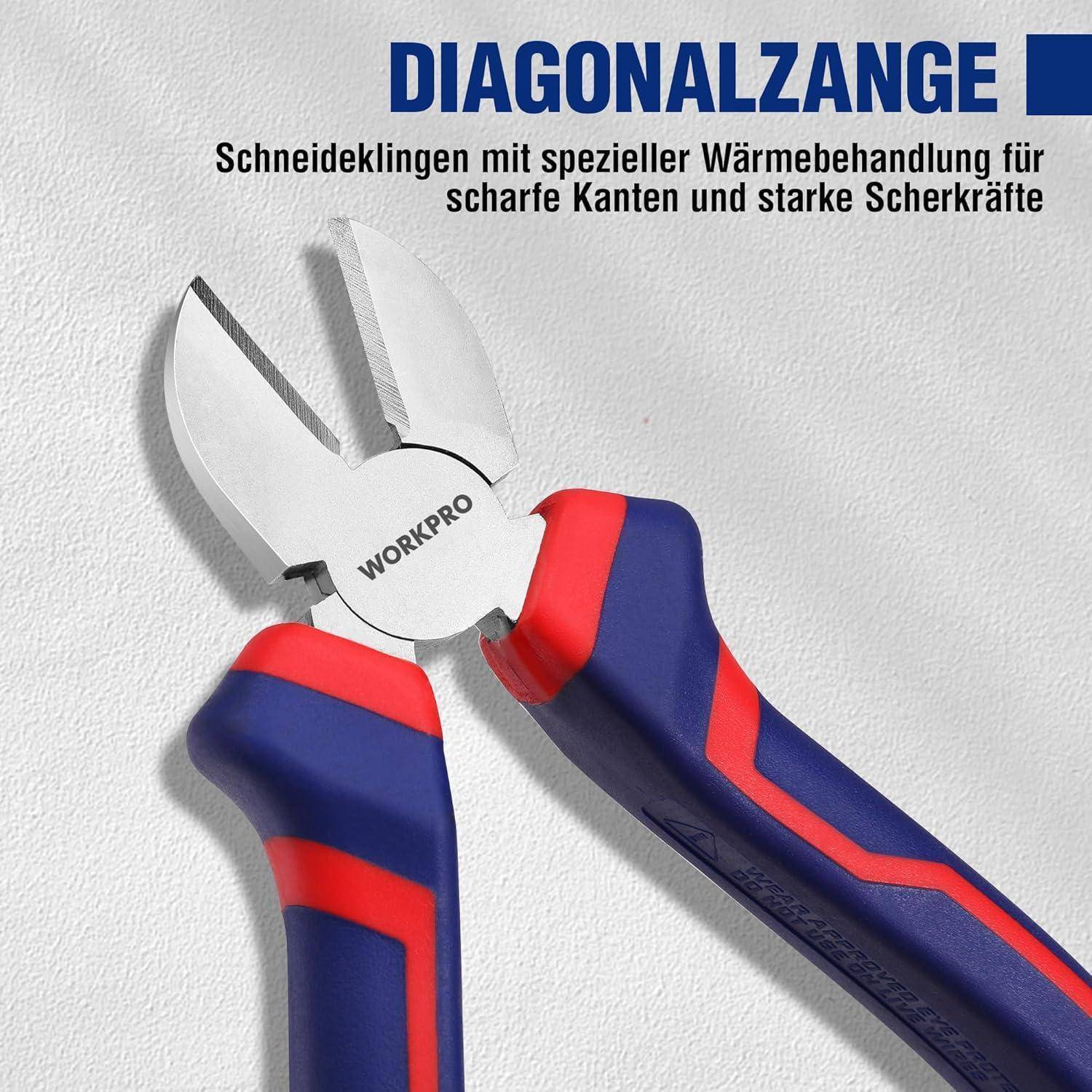 Seitenschneider mit rotem und blauem Griff, beschriftet mit 'WORKPRO'. Der deutsche Text betont die scharfen Kanten und Stärke aufgrund spezieller Wärmebehandlung.