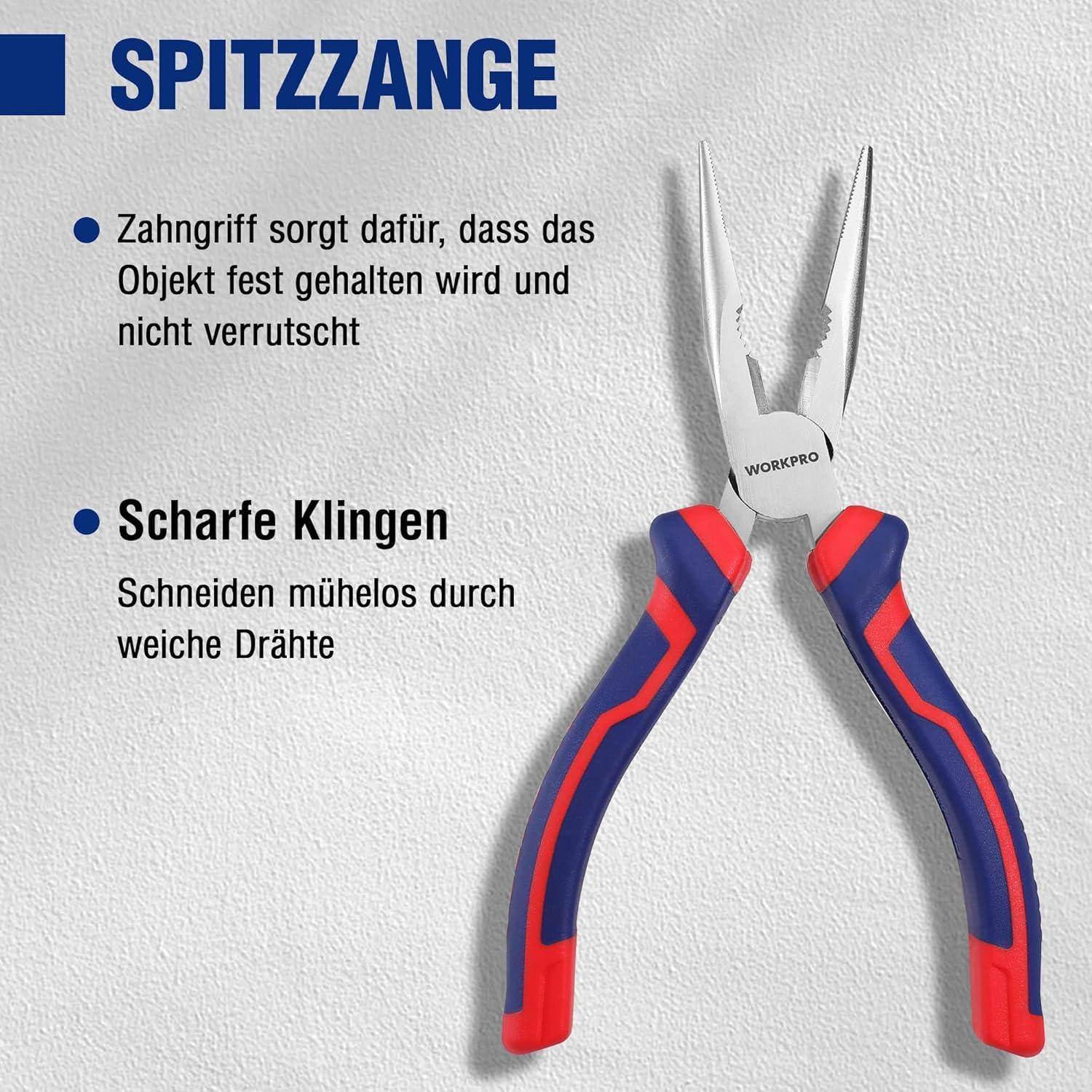 Ein Paar Spitzzangen wird gezeigt. Text auf Deutsch hebt Merkmale hervor: Fester Griff verhindert Rutschen, scharfe Klingen schneiden weiche Drähte.
