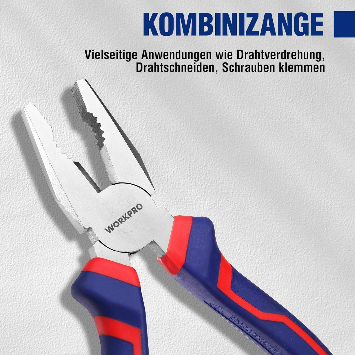 Ein Paar Kombizangen mit roten und blauen Griffen auf einem hellen Hintergrund. Der Text lautet 