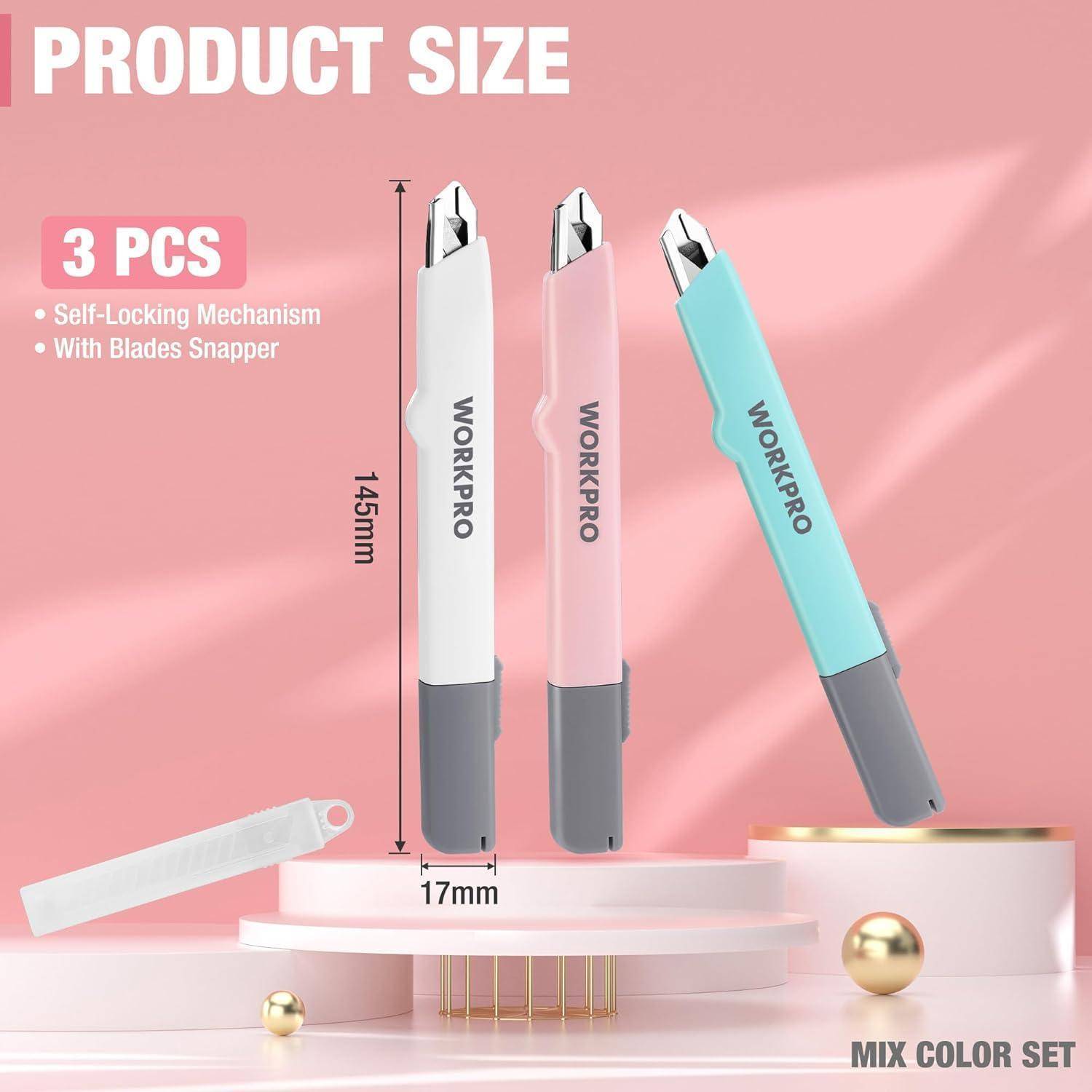 Produktgröße: WORKPRO einziehbare Messer, 145 mm Höhe, 17 mm Breite, 3er-Set in Rosa, Weiß und Blau mit Selbstsperrfunktion.