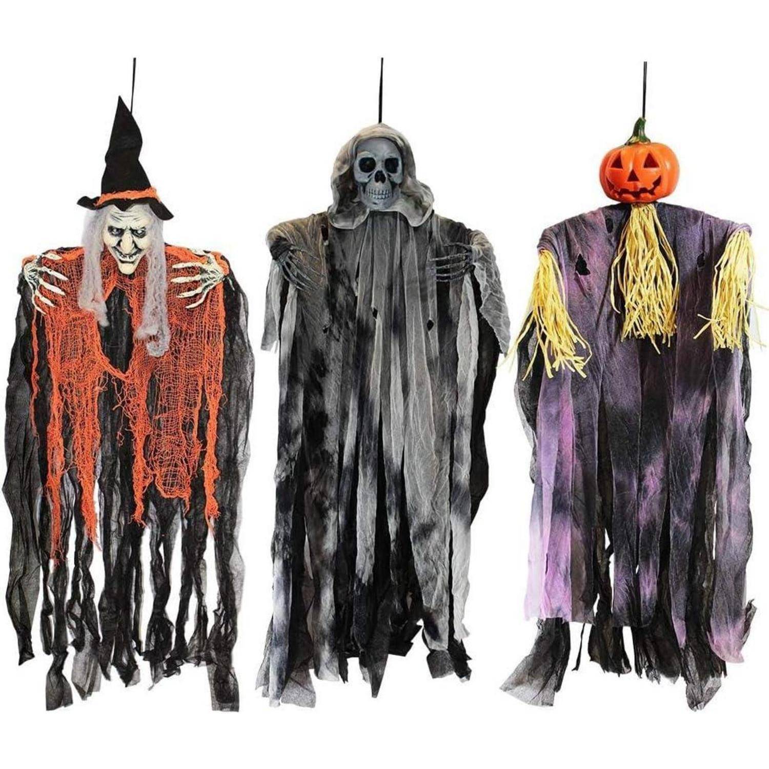 3er Set 90 cm Hängende Geister Halloween Deko Sensenmann Hexe außen