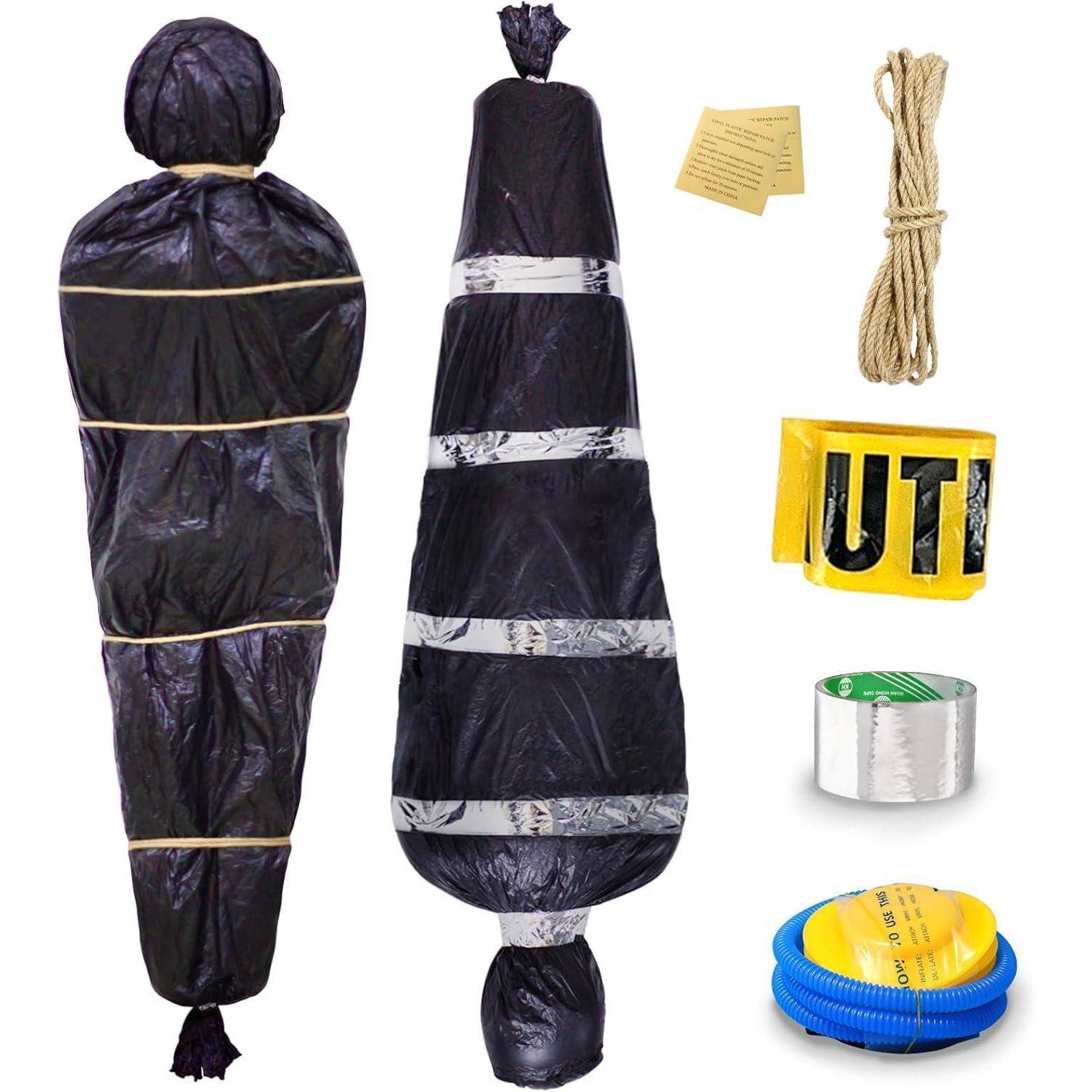 Halloween Leichensack Set Aufblasbare Puppe Warnband Luftpumpe