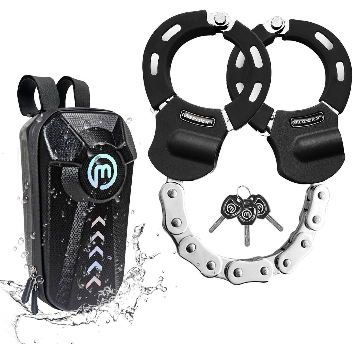 Fahrradschloss-Set mit spritzwasserdichtem Gehäuse, enthält faltbares Schloss, zwei zusätzliche Schlösser und drei Schlüssel. Wasserdichtes Design, ideal für Sicherheit.