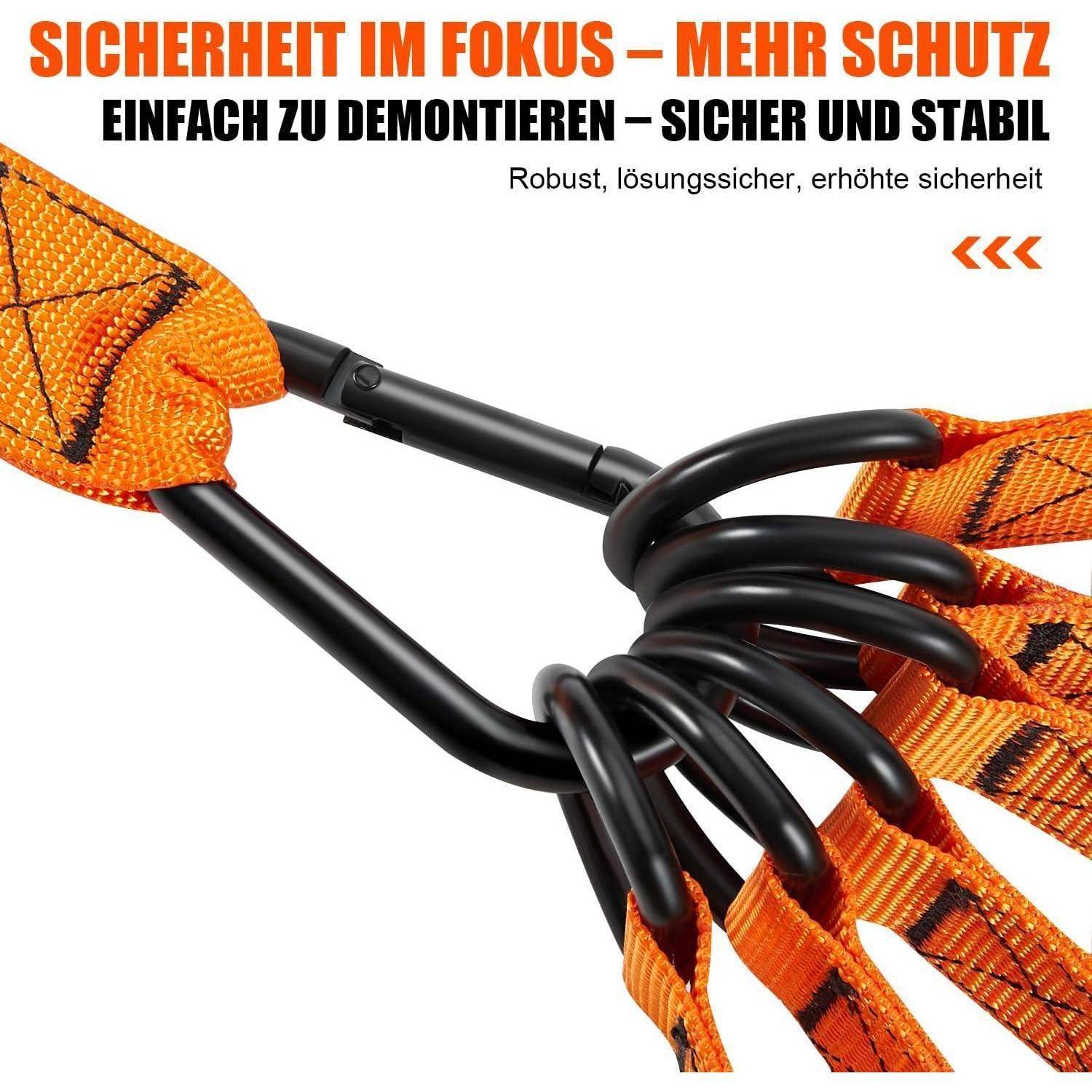Orange Spanngurte mit schwarzen Metallhaken. Text lautet: 'Sicherheit im Fokus – Mehr Schutz. Einfach zu demontieren – Sicher und stabil.