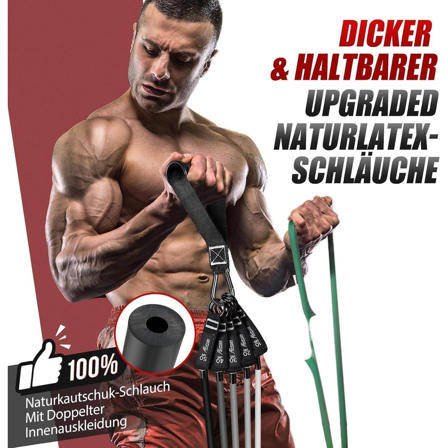 Ein Mann benutzt Widerstandsbänder und betont deren Haltbarkeit. Die deutsche Werbung bewirbt 'Dicker & Haltbarer' Fitnessausrüstung aus Naturlatex.