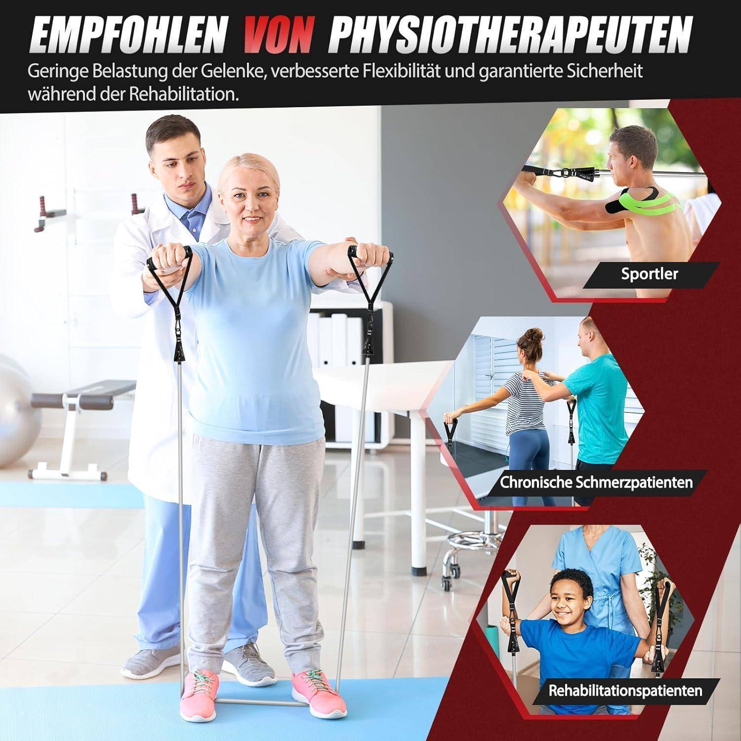 Eine Collage von Bildern, die verschiedene physiotherapeutische Übungen zeigt, wobei ein Therapeut einen Patienten unterstützt. Der Text lautet: „Empfohlen von Physiotherapeuten