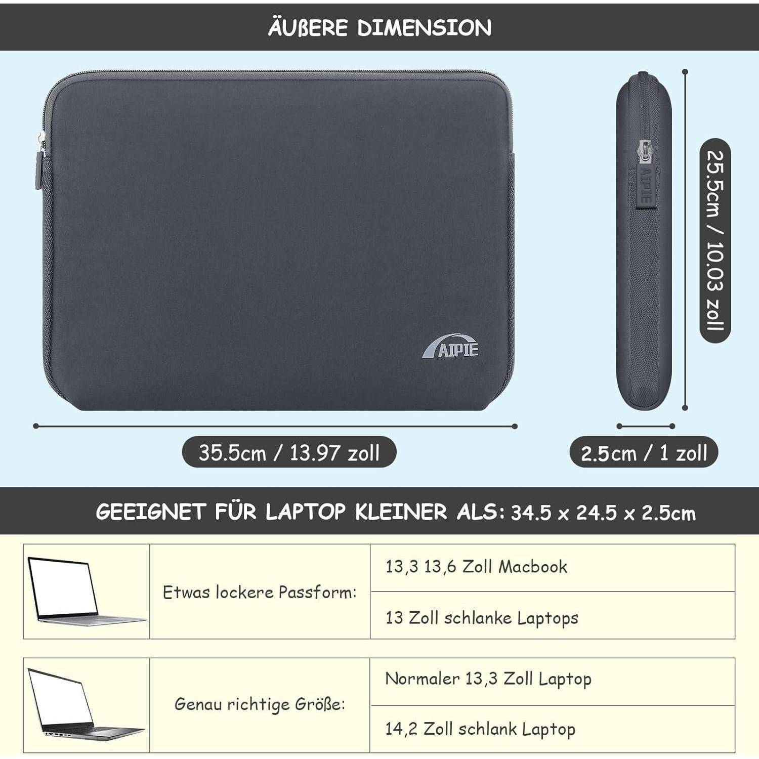 Laptoptasche mit den Maßen 35,5 cm x 25 cm x 2,5 cm. Geeignet für 13-Zoll-Laptops mit einer eng anliegenden Passform. Graue Farbe mit Reißverschluss.