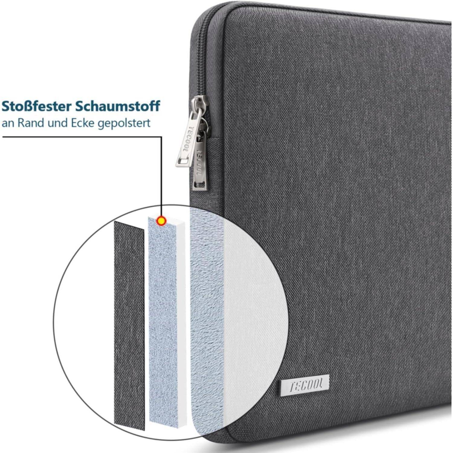 Laptoptasche in Dunkelgrau mit einer Nahaufnahme ihrer Schichten, die stoßdämpfendes Schaumstoff und Polsterung an den Kanten zeigt.