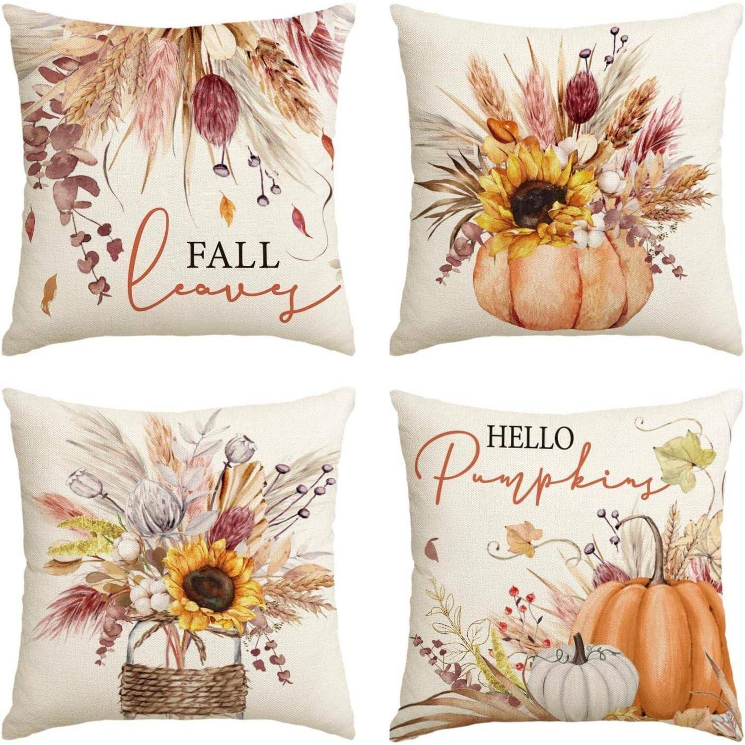 Sonnenblumen Herbst Kürbisse Kissenbezüge 4er Set 40x40 cm Orange