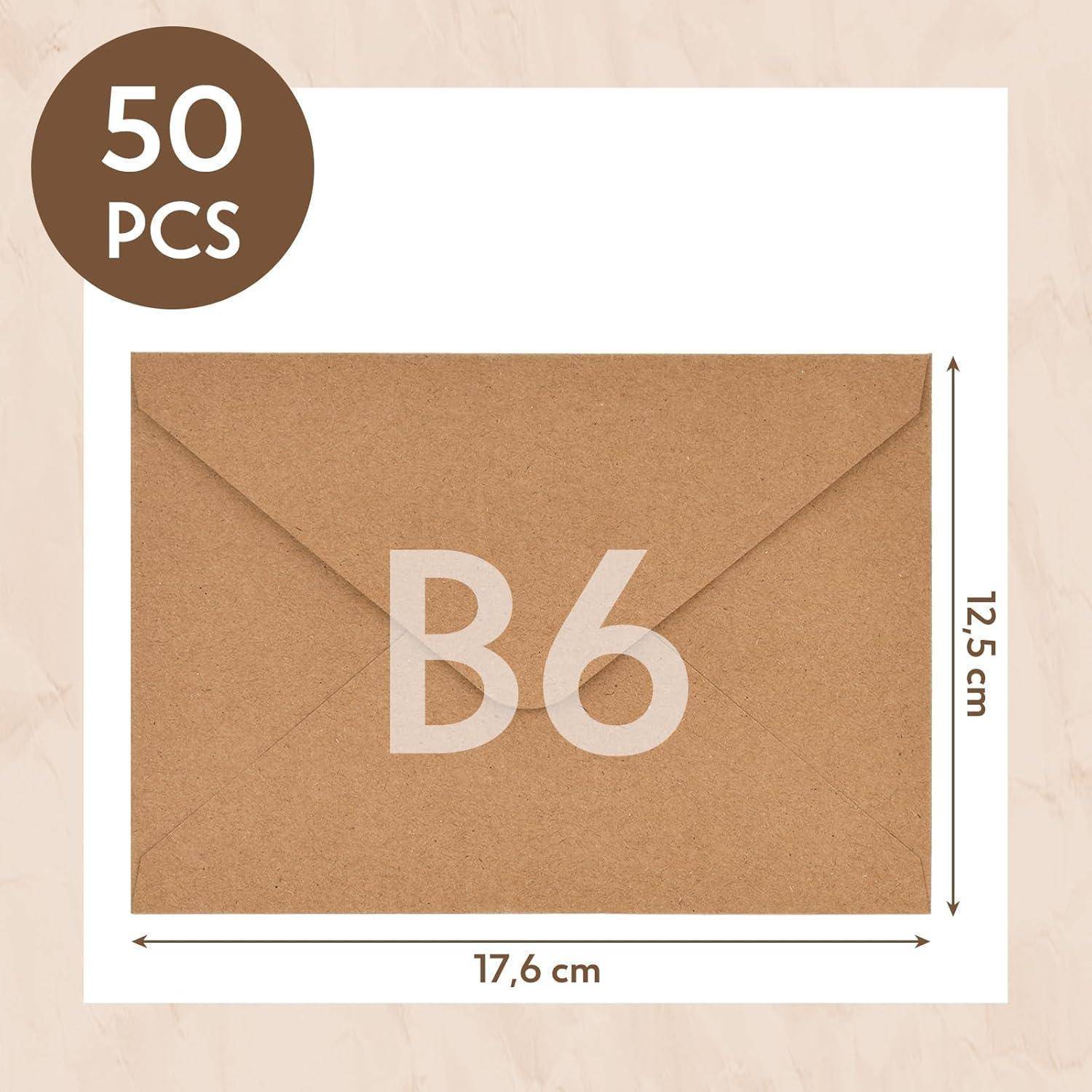 Brauner B6-Umschlag mit den Maßen 17,6 cm x 12,5 cm, beschriftet mit '50 STK.