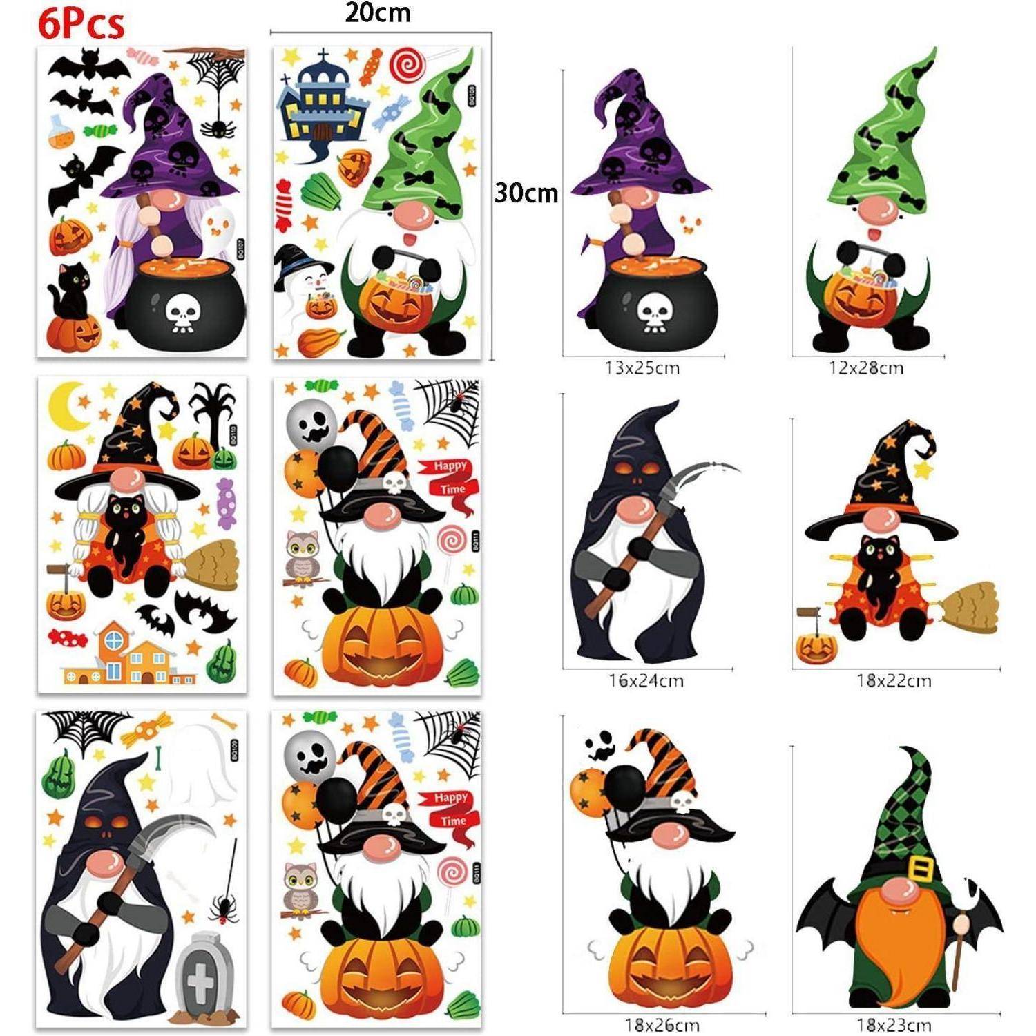 Eine Sammlung von Halloween-Motiv Gnom-Stickern, die jeweils einen Gnom mit Hexenhut, umgeben von Kürbissen, Fledermäusen und Halloween-Dekorationen, zeigen.