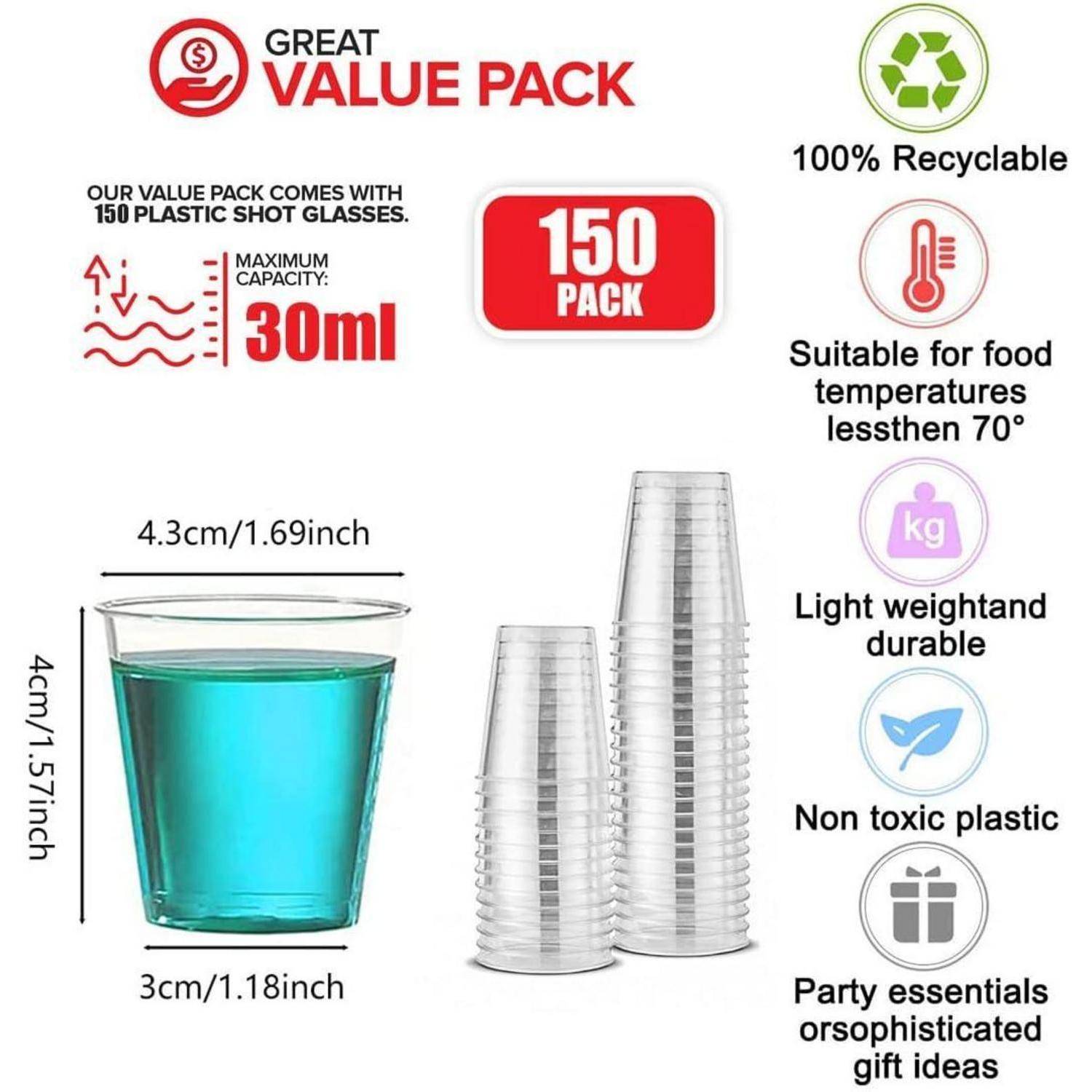 Plastikshot-Gläser, 150er-Pack, 30ml Fassungsvermögen. Eigenschaften: 100% recycelbar, lebensmittelecht bis 70°C, leicht, nicht toxisch. Inklusive Geschenkideen.
