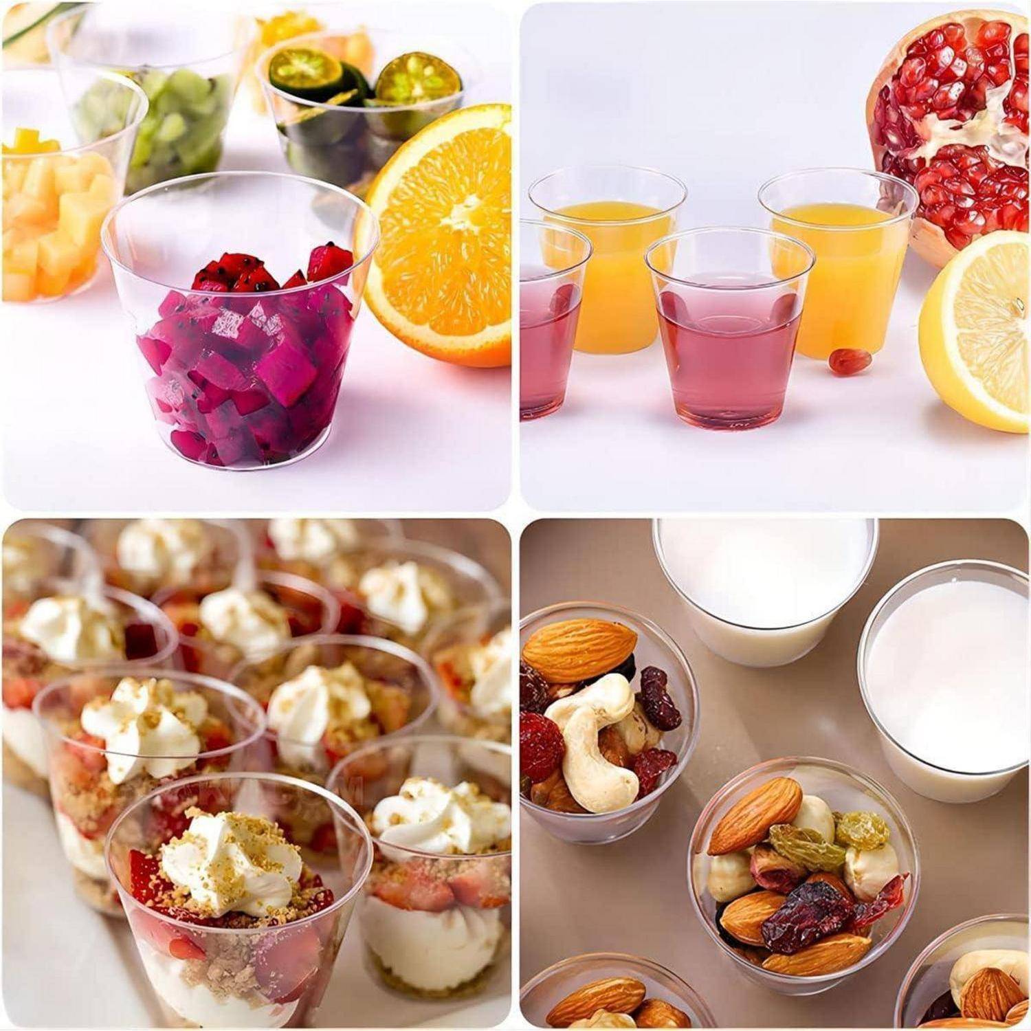 Eine Collage aus vier Bildern, die verschiedene Snacks zeigt: Obstschalen mit Orangen und Granatäpfeln, bunte Säfte, kleine Dessertbecher und gemischte Nüsse in Bechern.