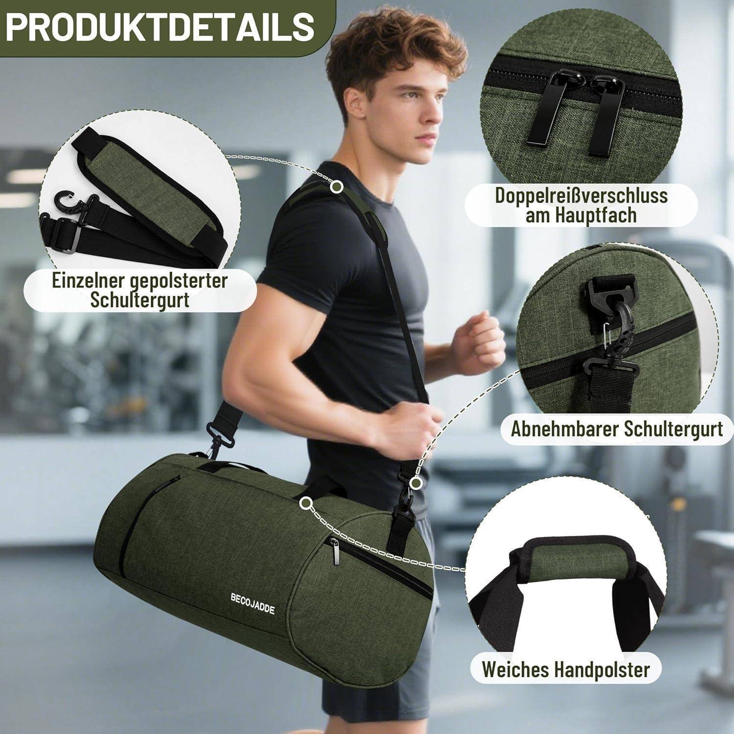 Ein Mann im Fitnessstudio mit einer grünen Sporttasche mit Schultergurt. Annotationen heben Details hervor: Doppelreißverschluss, abnehmbarer Gurt, weicher Griff.