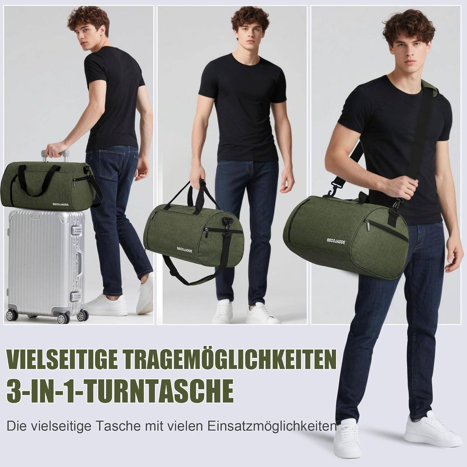 Ein junger Mann präsentiert eine vielseitige 3-in-1 Reisetasche in grün, die er in verschiedenen Tragearten zeigt: in der Hand, über der Schulter und auf einem Koffer befestigt. Der deutsche Text beschreibt seine multifunktionale Nutzungsmöglichkeit.
