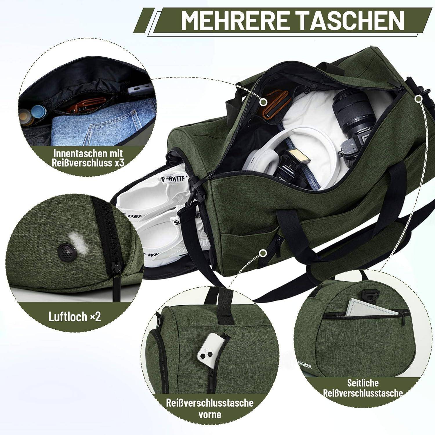 Grüner Seesack mit mehreren Taschen: Reißverschlusstaschen innen und vorne, zwei Luftlöcher und eine seitliche Reißverschlusstasche. Enthält Kameraobjektive.